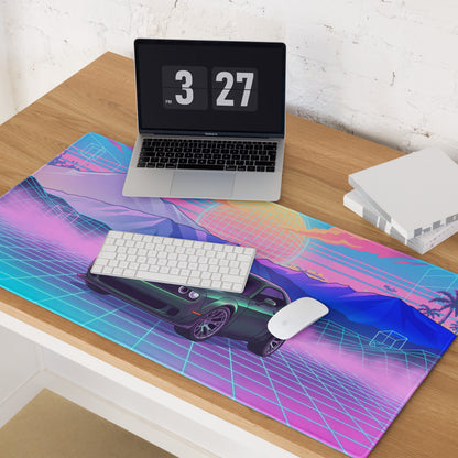 Dodge Challenger SRT Hellcat Inspired Green Vaporwave Gaming Mouse Pad – Neon Pink Cyan Grid Desk Mat with Retro Mountains and Futuristic Sunset Art