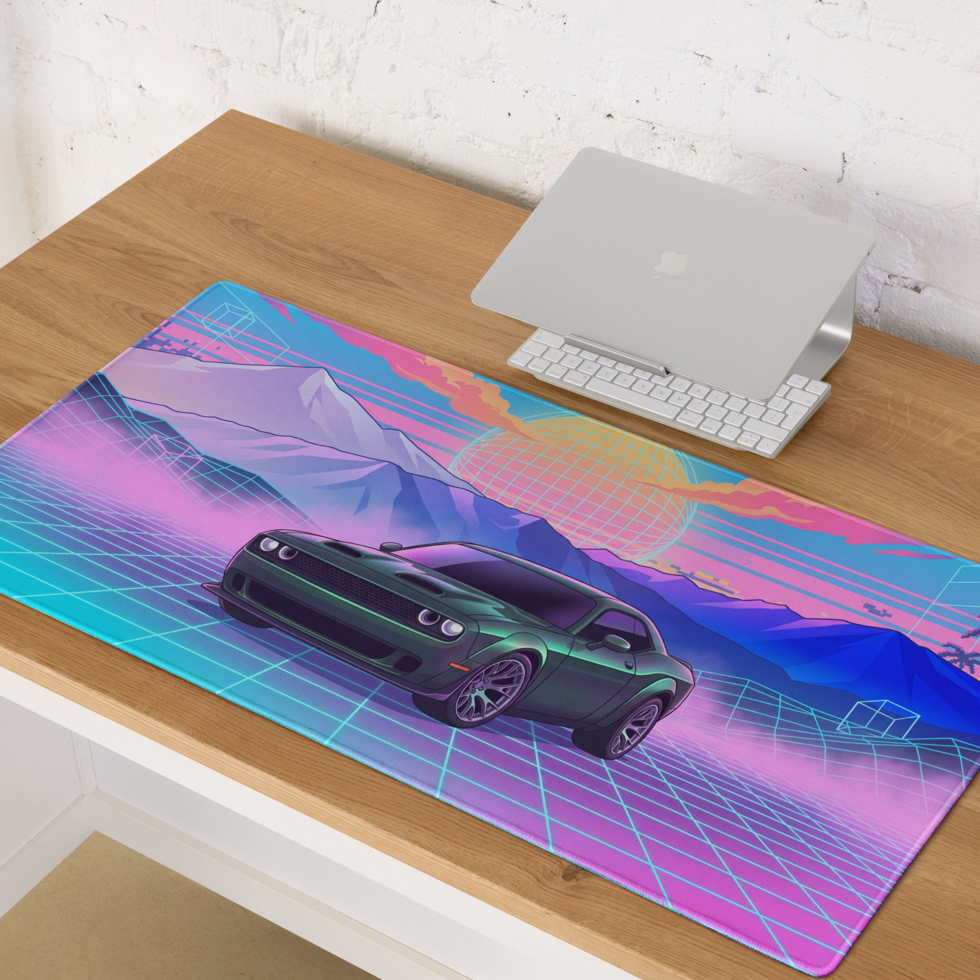 Dodge Challenger SRT Hellcat Inspired Green Vaporwave Gaming Mouse Pad – Neon Pink Cyan Grid Desk Mat with Retro Mountains and Futuristic Sunset Art