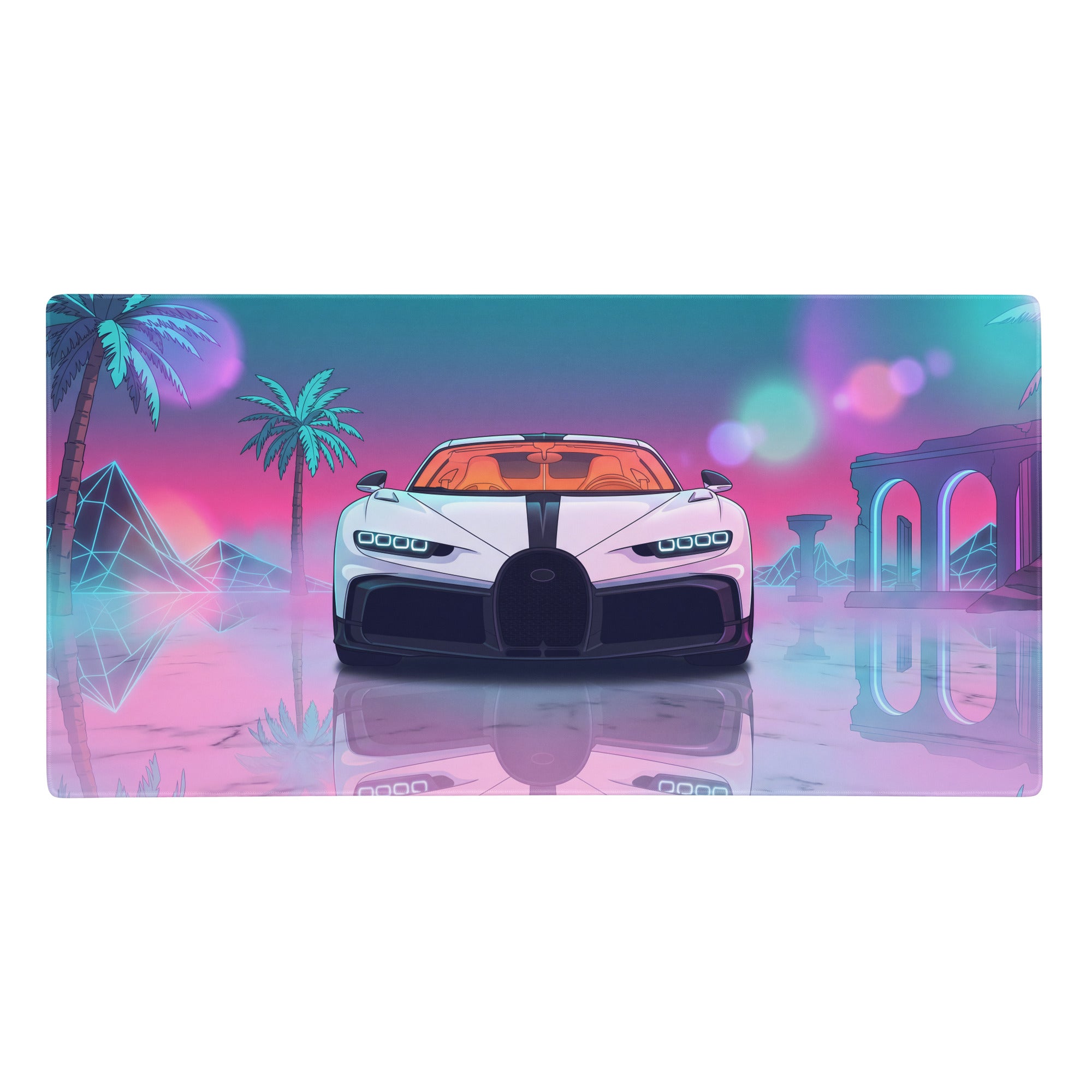 Bugatti chiron super sport inspired white gaming mouse pad with black accents and neon pink teal vaporwave art