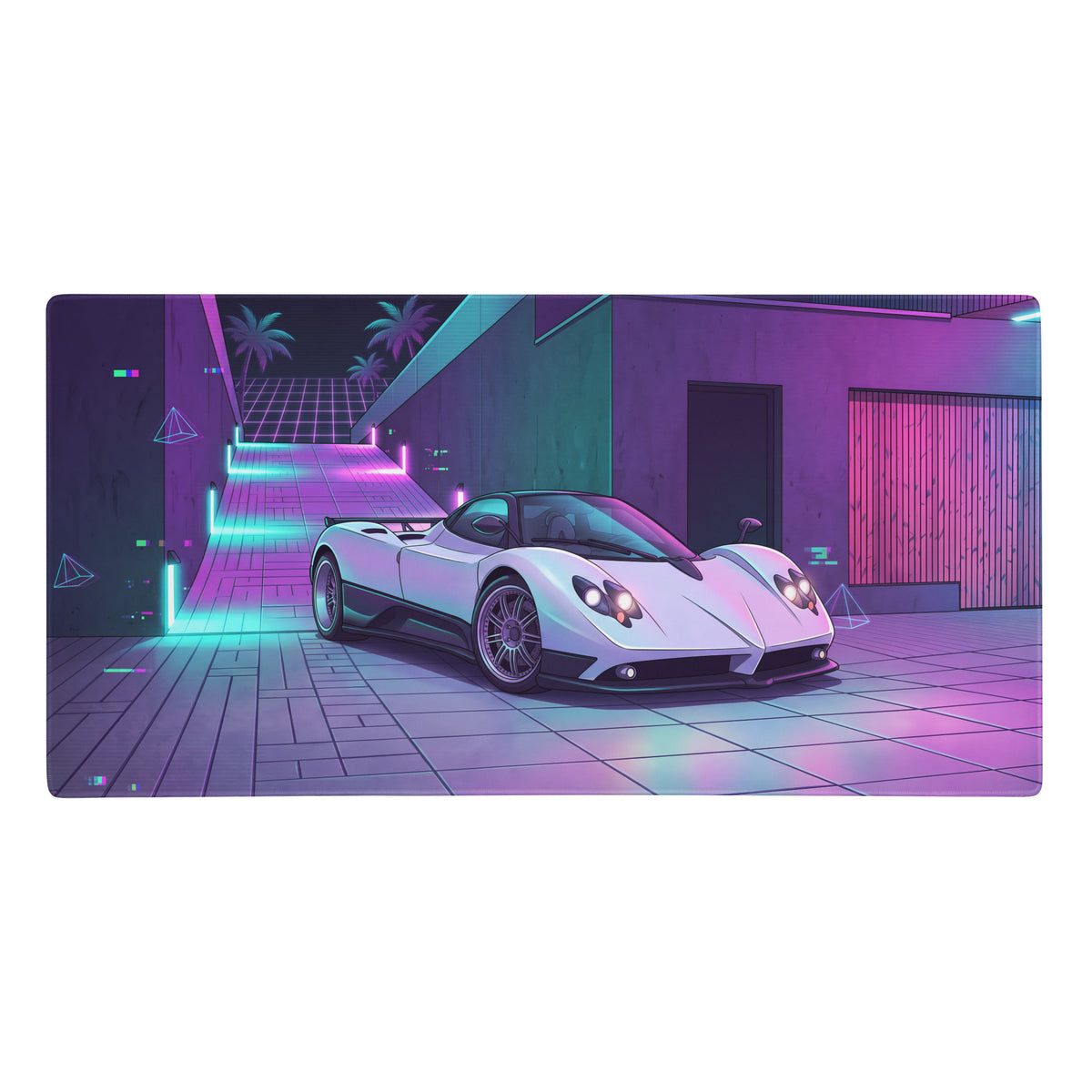 A sleek white pagani zonda sports car with glowing headlights on a neon pink and purple vaporwave gaming mouse pad