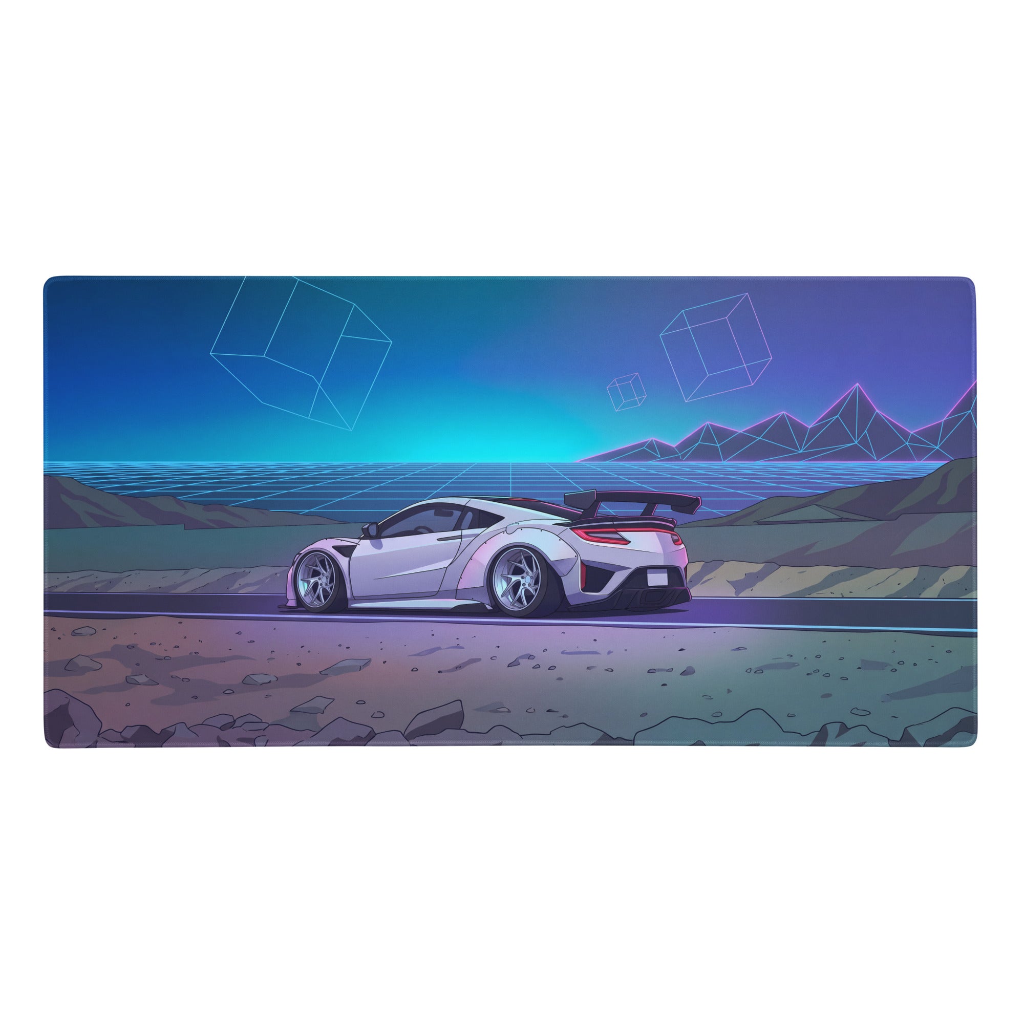 Acura nsx inspired white widebody sports car with rear spoiler digital art on a vaporwave gaming mouse pad