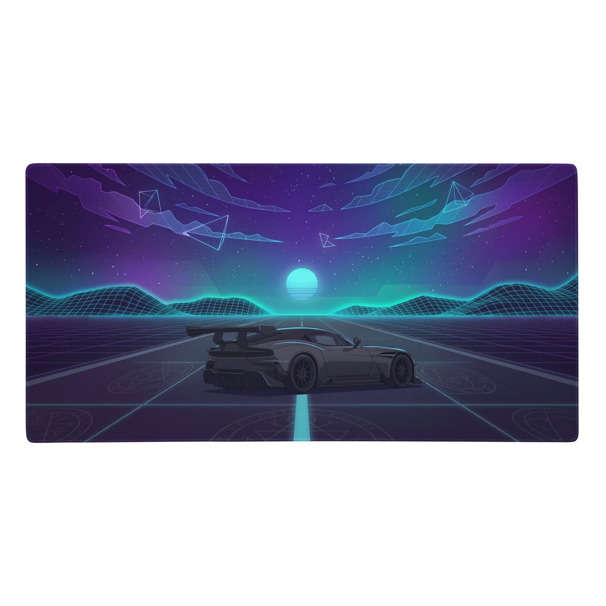 Nissan GT-R sports car in dark metallic finish on an Aston Martin Vulcan inspired gunmetal purple vaporwave gaming mouse pad