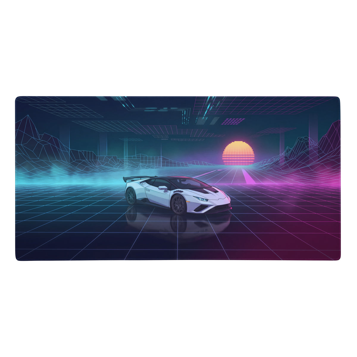 White lamborghini huracán sto inspired vaporwave gaming mouse pad with black accents neon pink grid and retro futuristic art