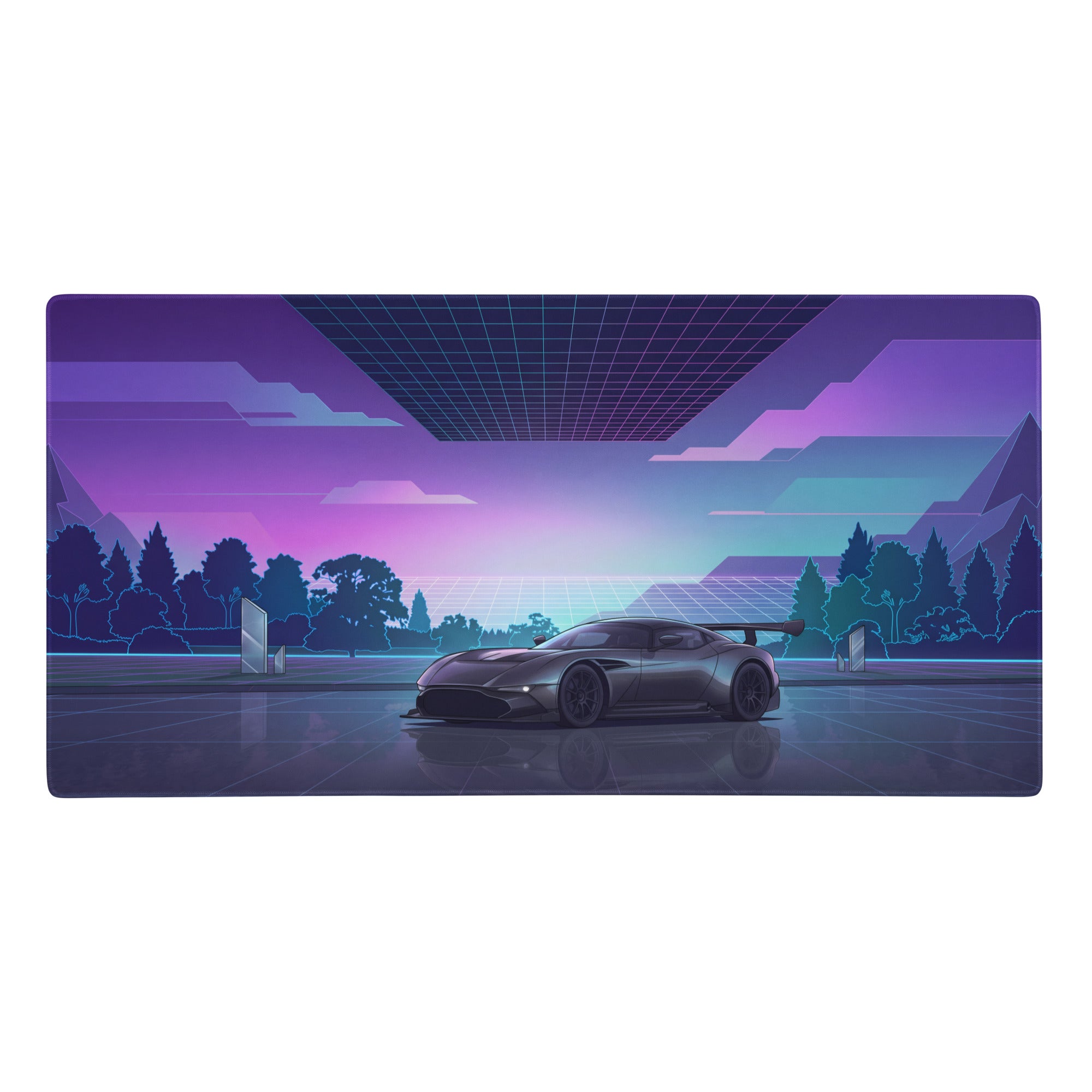 Navy blue and purple vaporwave gaming mouse pad featuring a silver aston martin vulcan under a neon reflective grid sky