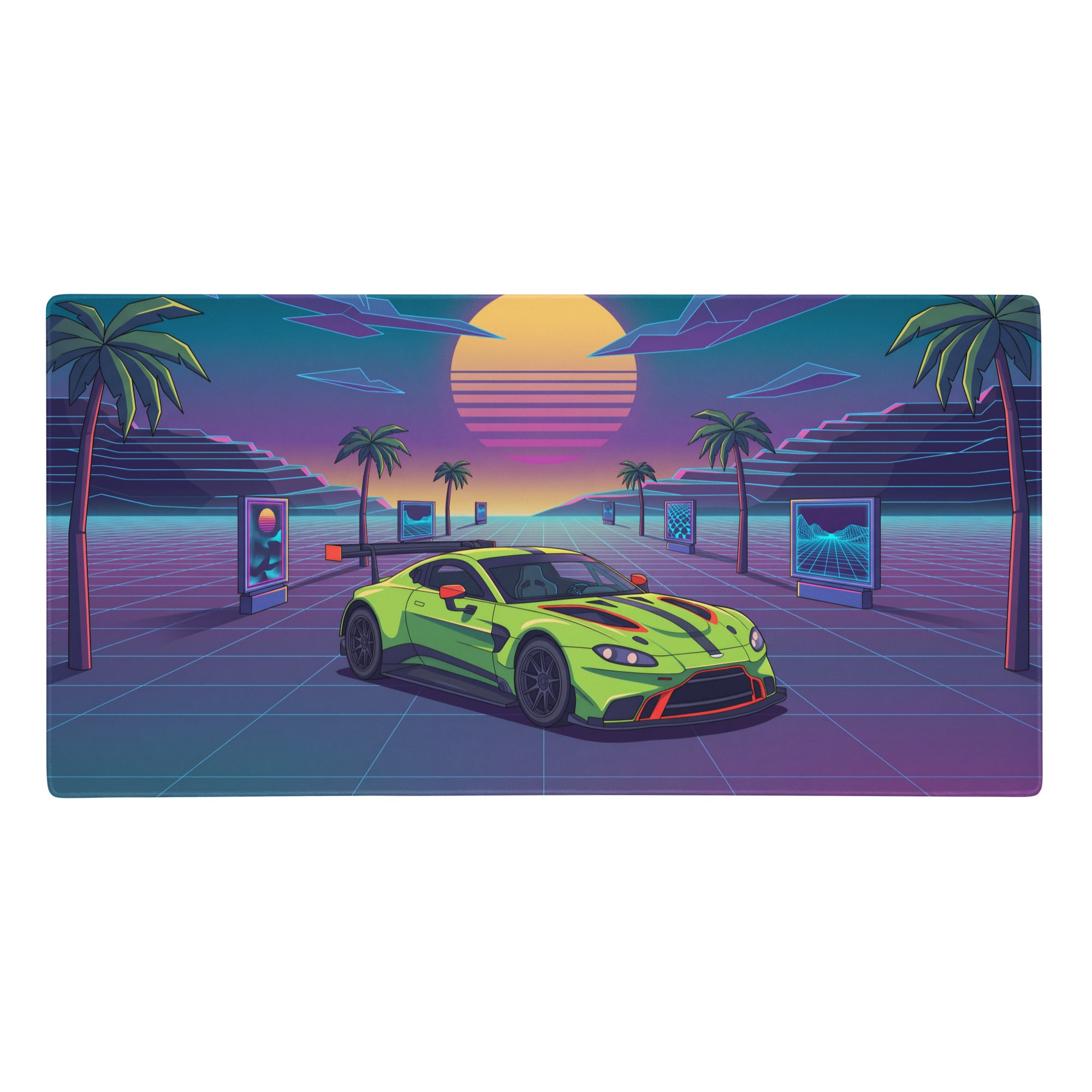 Vibrant lime green aston martin v12 vanquish sports car on a neon sunset grid gaming mouse pad digital art design