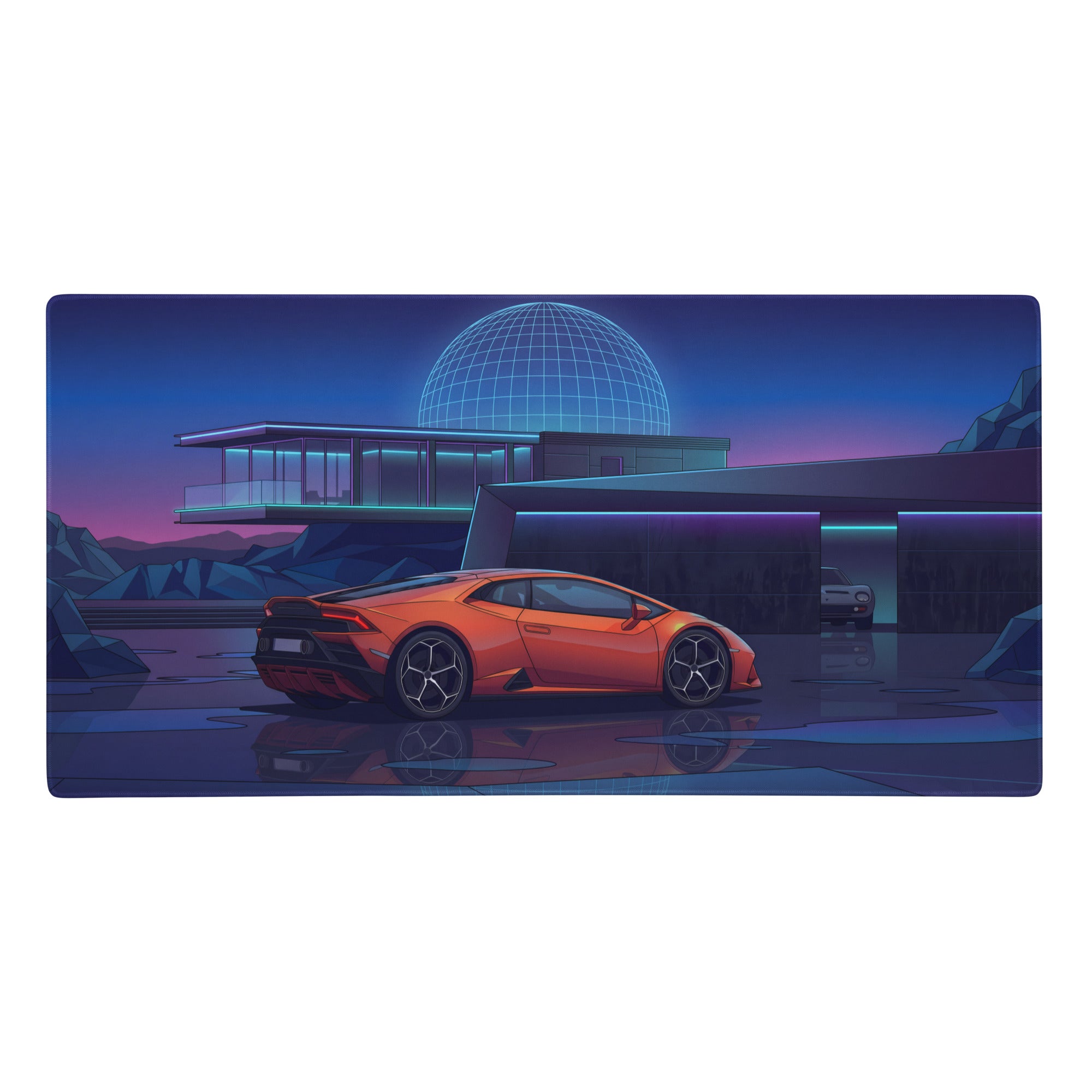 Vibrant orange lamborghini huracán evo inspired gaming mouse pad with neon vaporwave supercar digital art design