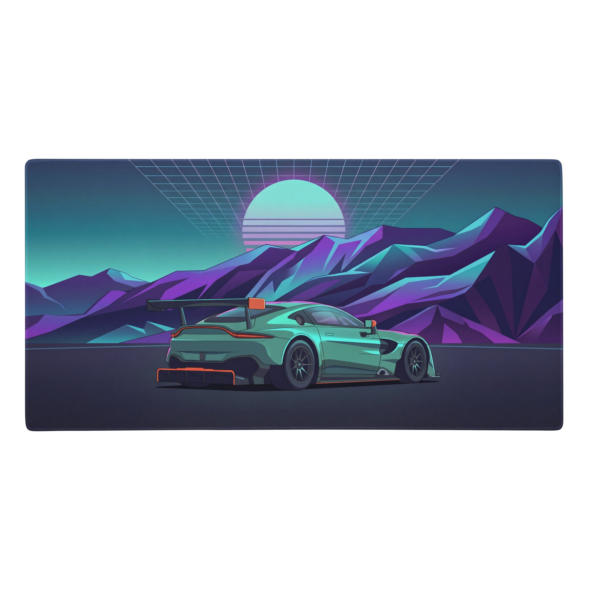 Aston Martin vantage gt3 inspired teal purple vaporwave gaming mouse pad with mint green race car and neon mountain sunset design