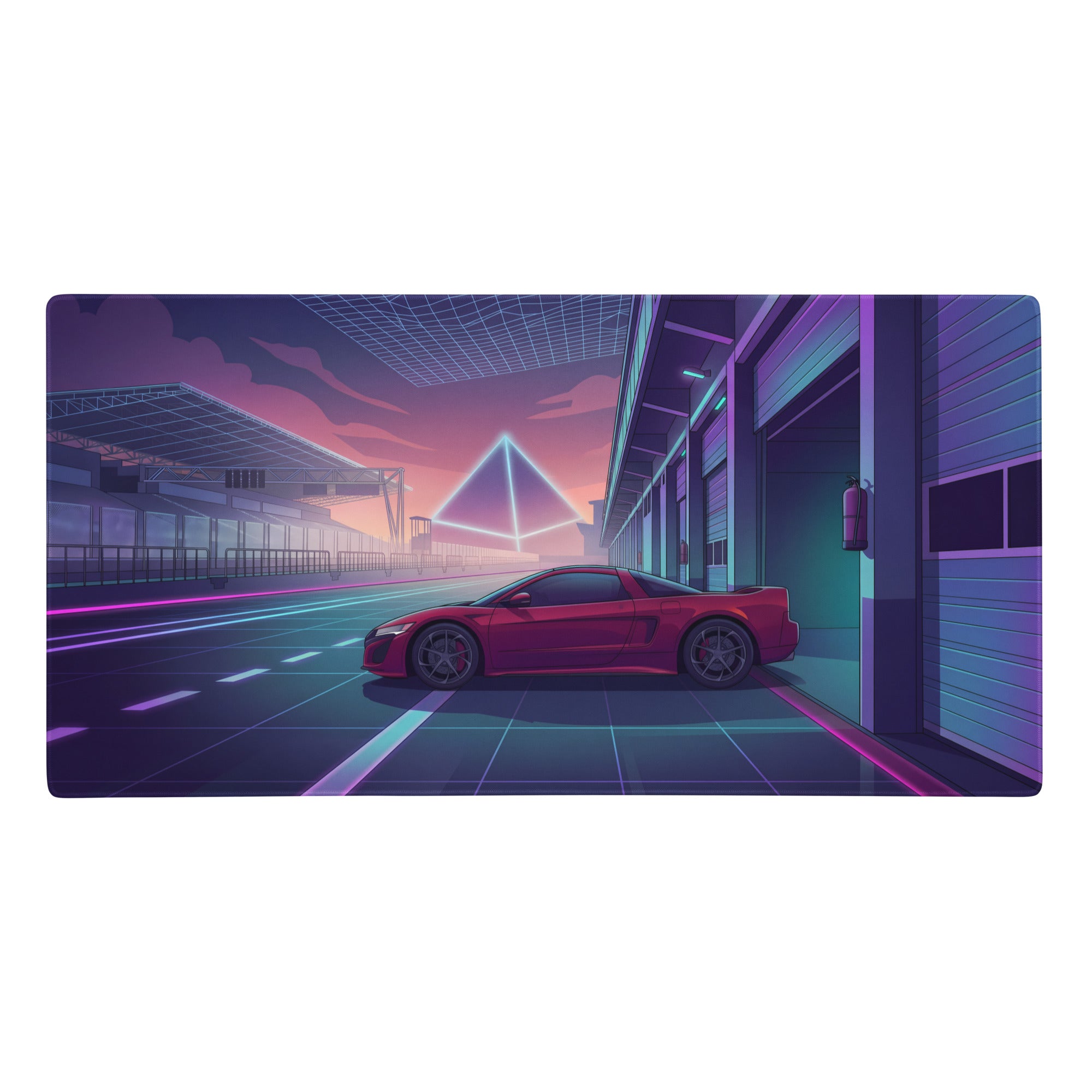 Acura NSX inspired red purple vaporwave gaming mouse pad featuring a vibrant red sports car in neon-lit garage