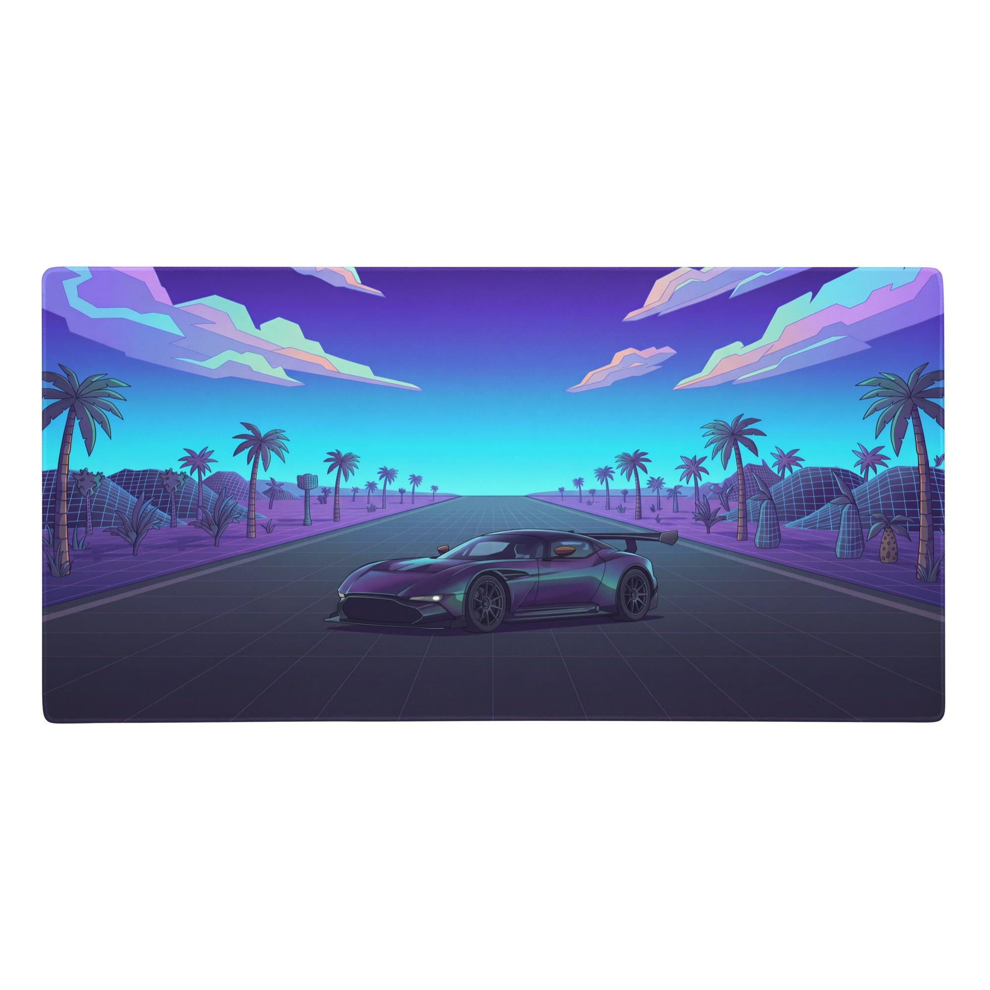 Aston Martin Vulcan inspired purple and teal neon sports car graphic on a rectangular vaporwave gaming mouse pad