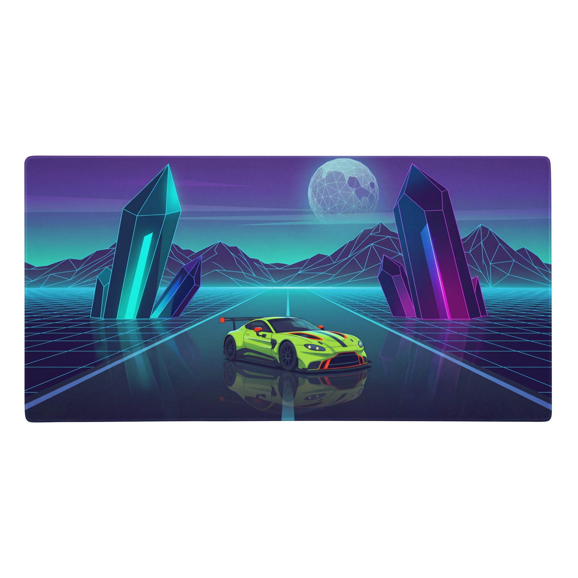 Aston martin vantage gt3 inspired lime green vaporwave gaming mouse pad with vibrant racing car digital art