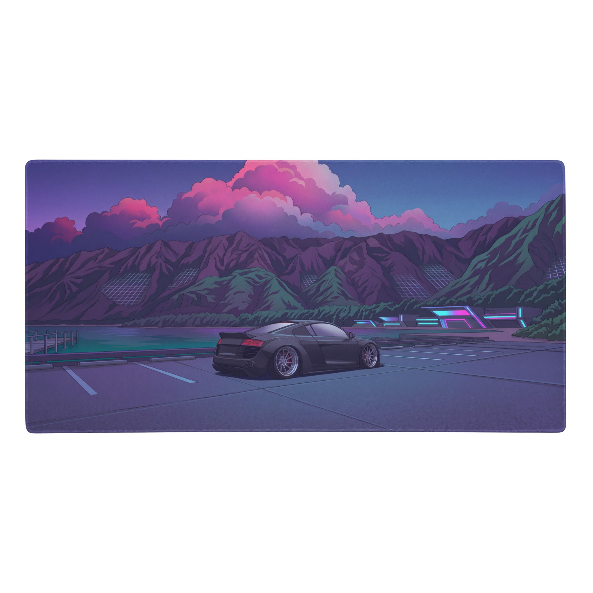 Navy blue gaming mousepad with stylized black Audi R8 illustration by lake at dusk with purple pink clouds