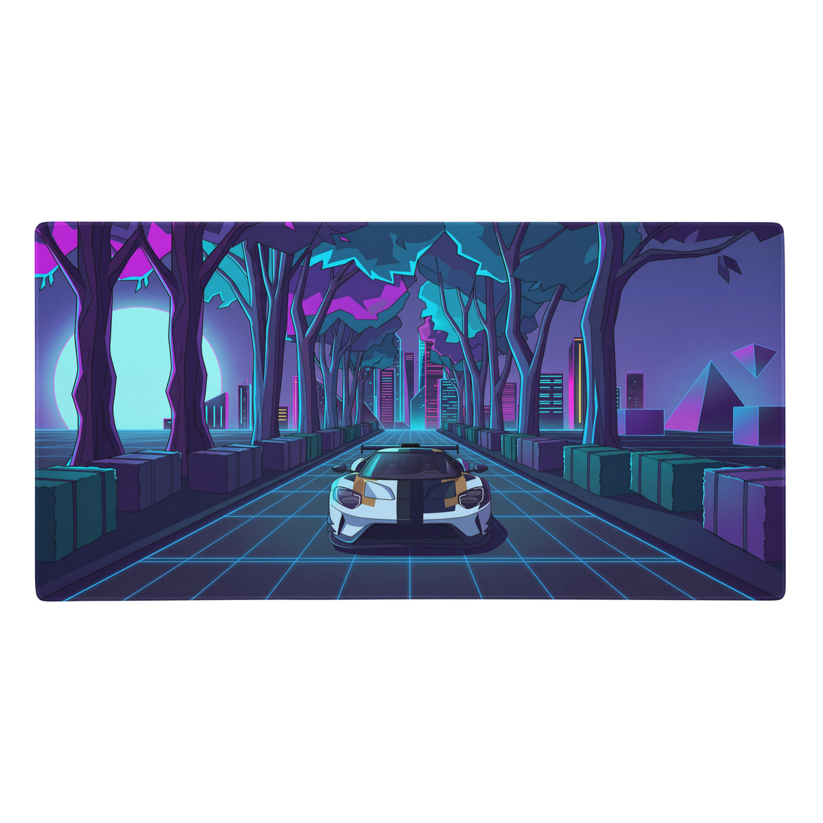 Ford GT inspired white gold vaporwave gaming mousepad with nebula theme and neon cyber forest retro supercar design