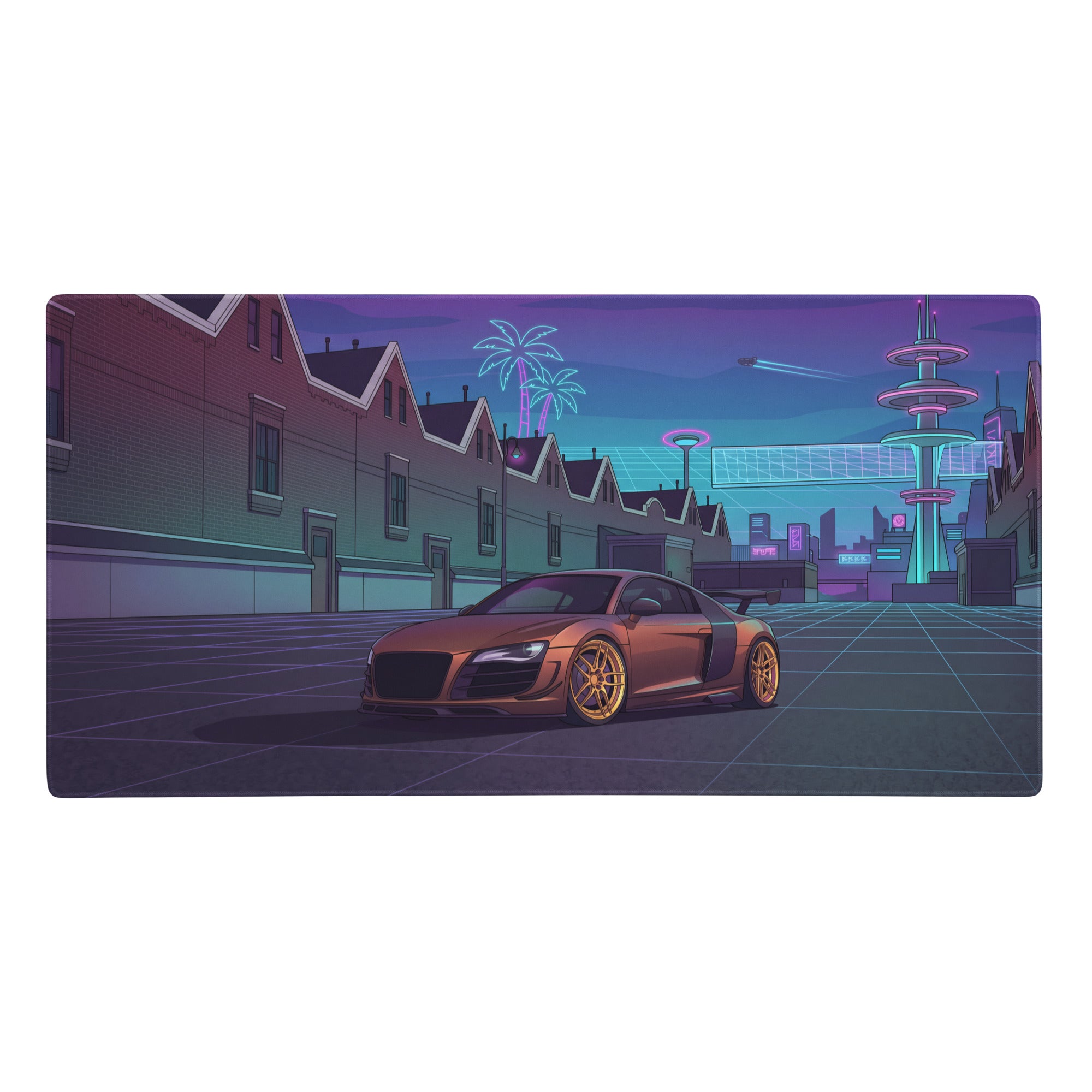 Audi r8 inspired bronze purple vaporwave gaming mouse pad featuring neon-lit copper sports car with gold rims at night