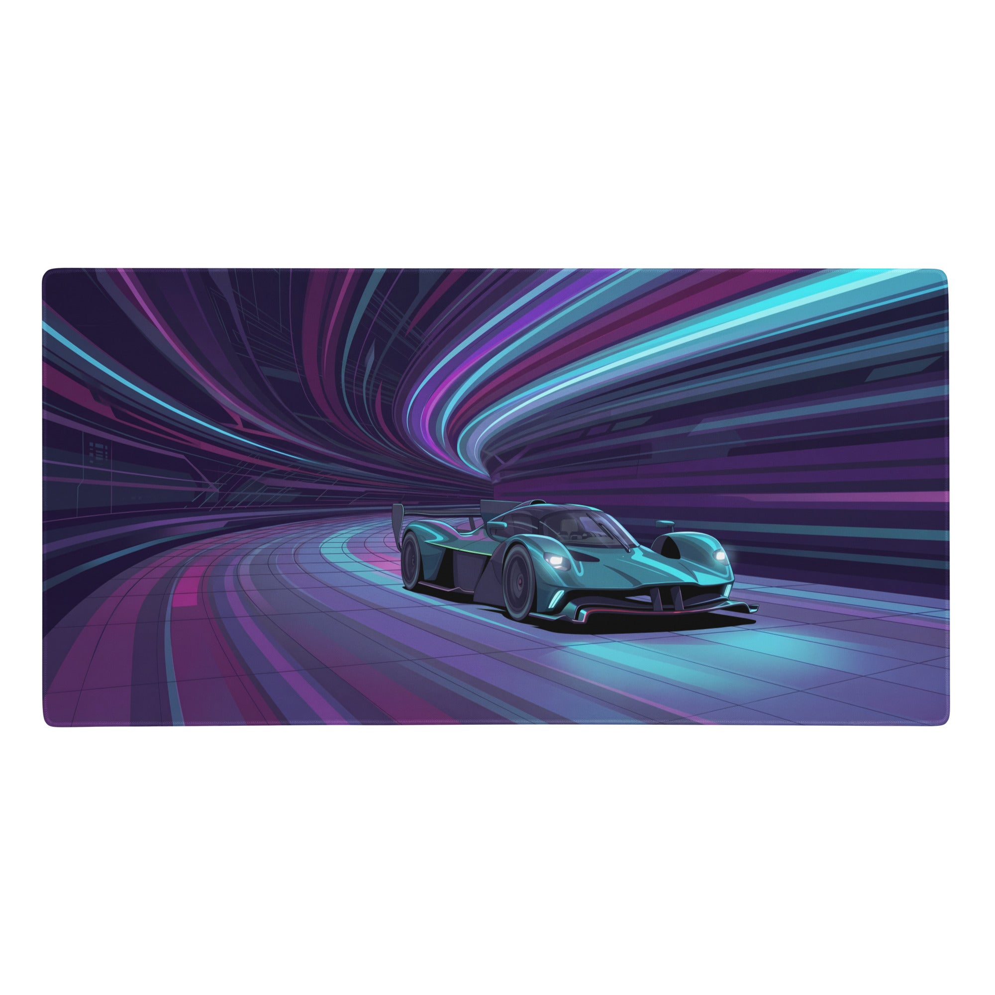 Aston Martin Valkyrie AMR Pro inspired teal purple vaporwave gaming mouse pad with neon racing tunnel hypercar art