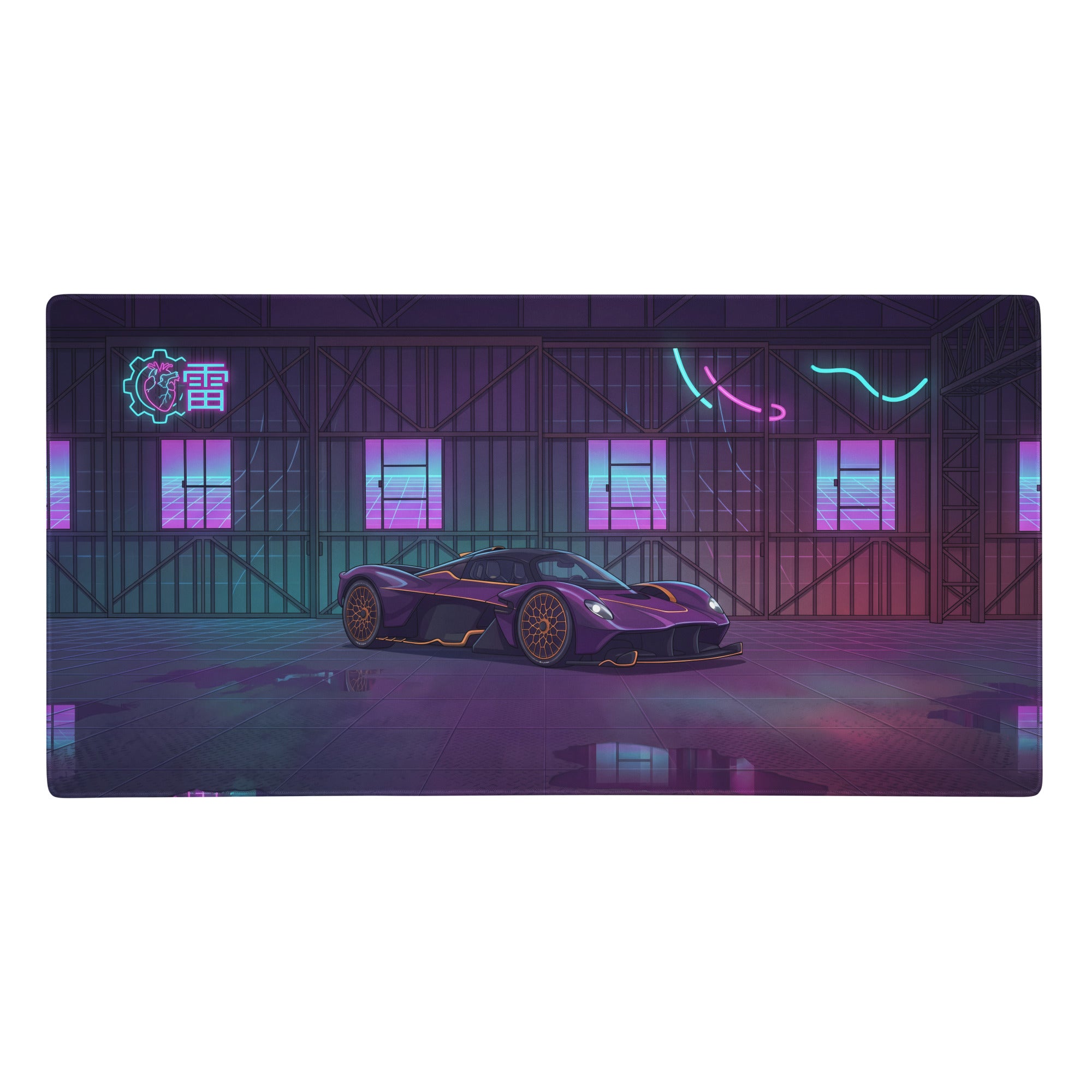 Aston Martin Valkyrie inspired purple and gold neon sports car graphic on a vaporwave gaming mouse pad