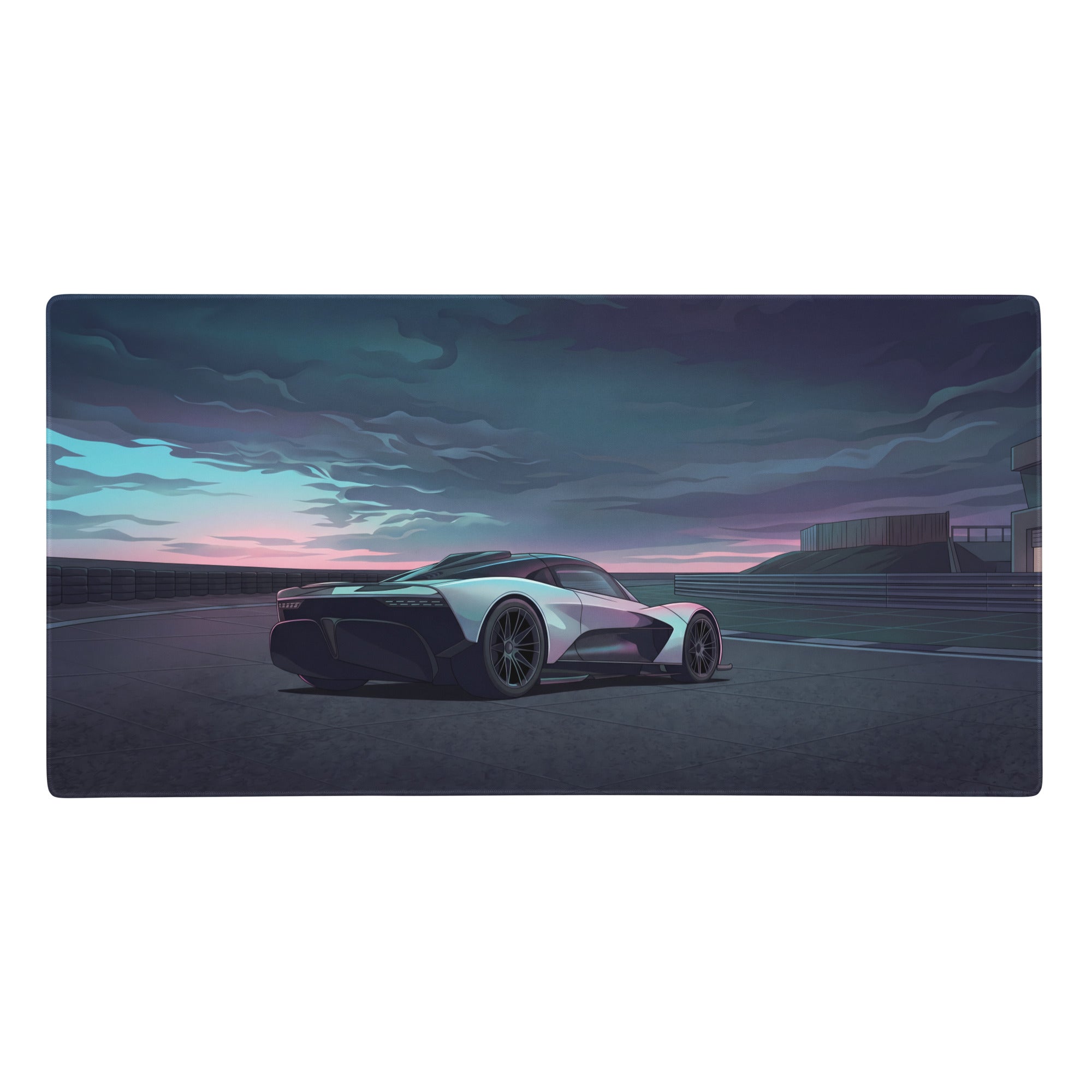 Aston Martin Valhalla inspired white and black sports car illustration on a vaporwave gaming mouse pad with stormy sky
