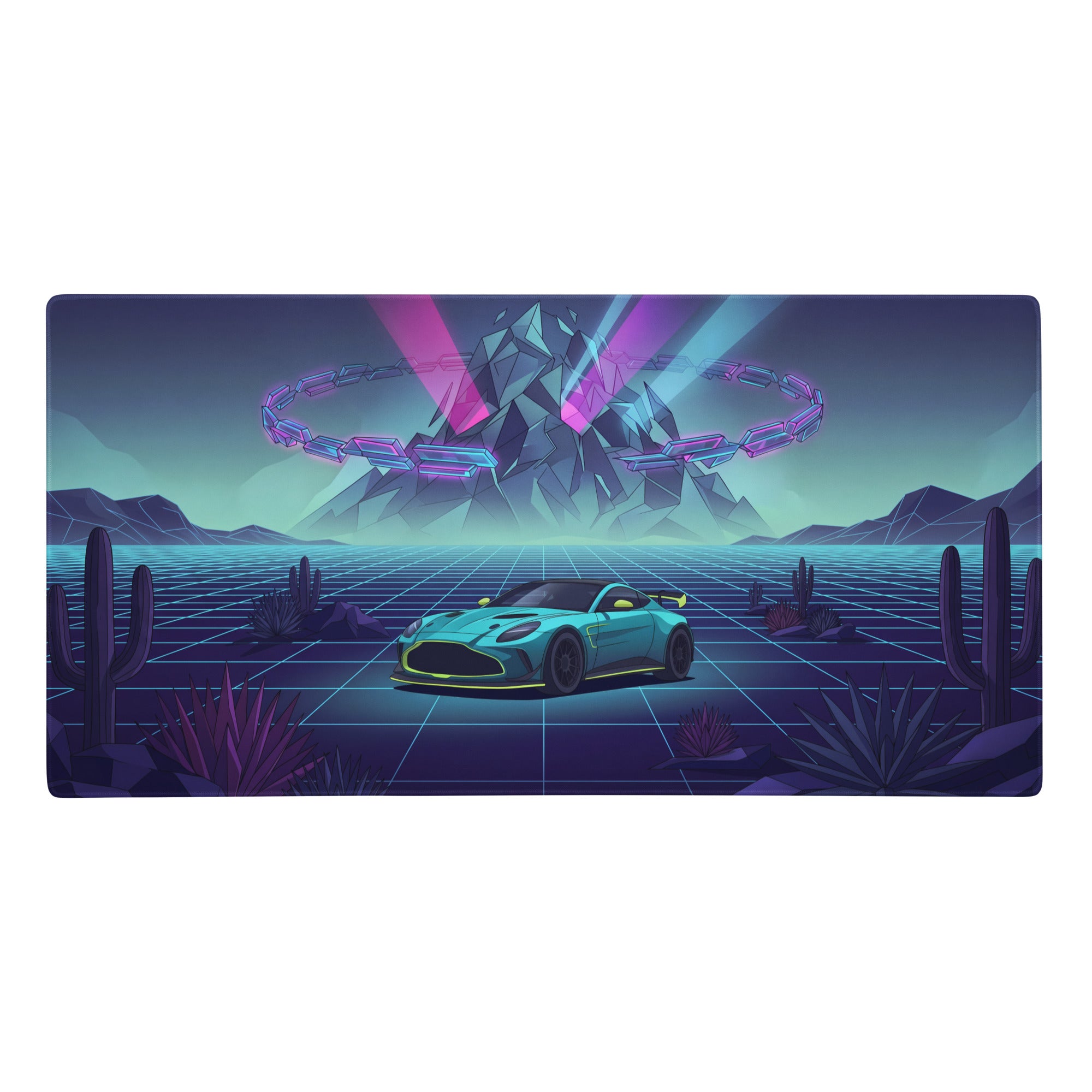 Aston Martin Vantage GT3 inspired teal and purple vaporwave gaming mouse pad with neon desert grid and racing car art