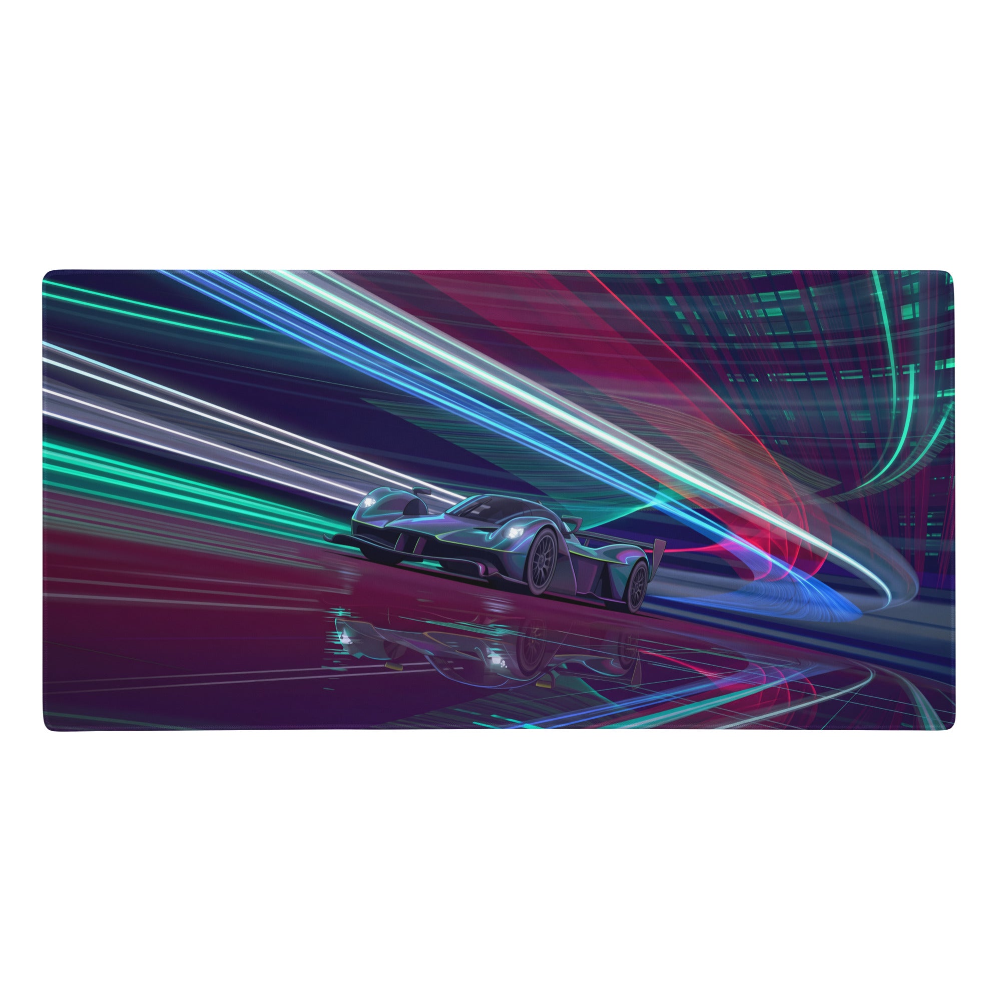 Aston Martin Valkyrie AMR Pro inspired teal purple vaporwave gaming mouse pad with neon hypercar digital art design
