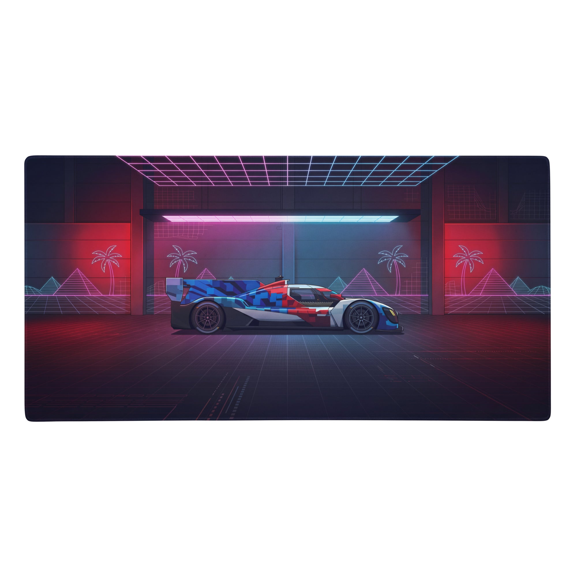 Neon-lit blue red and white futuristic bmw m hybrid v8 race car on vaporwave gaming mouse pad in cyberpunk garage
