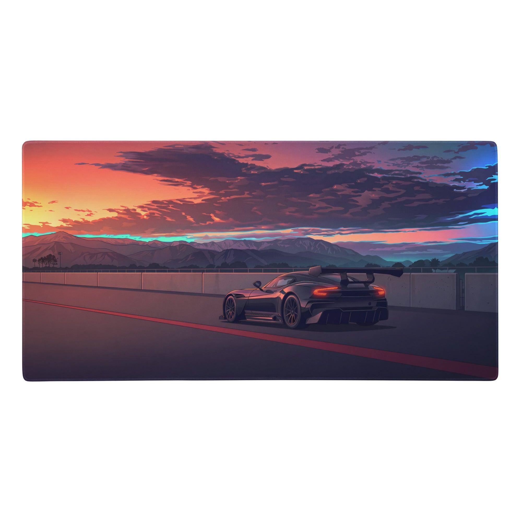 Black aston martin vulcan inspired sports car with rear wing on orange vaporwave gaming mouse pad at sunset