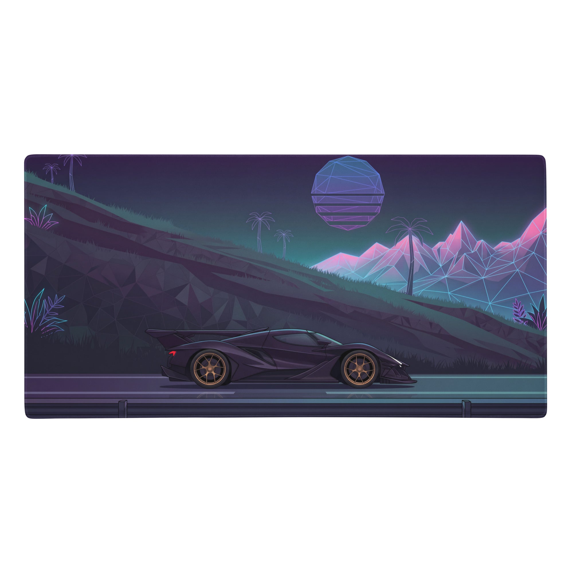 Apollo intensa emozione inspired black gold vaporwave gaming mouse pad features a sleek black sports car with gold rims under neon geometric night sky