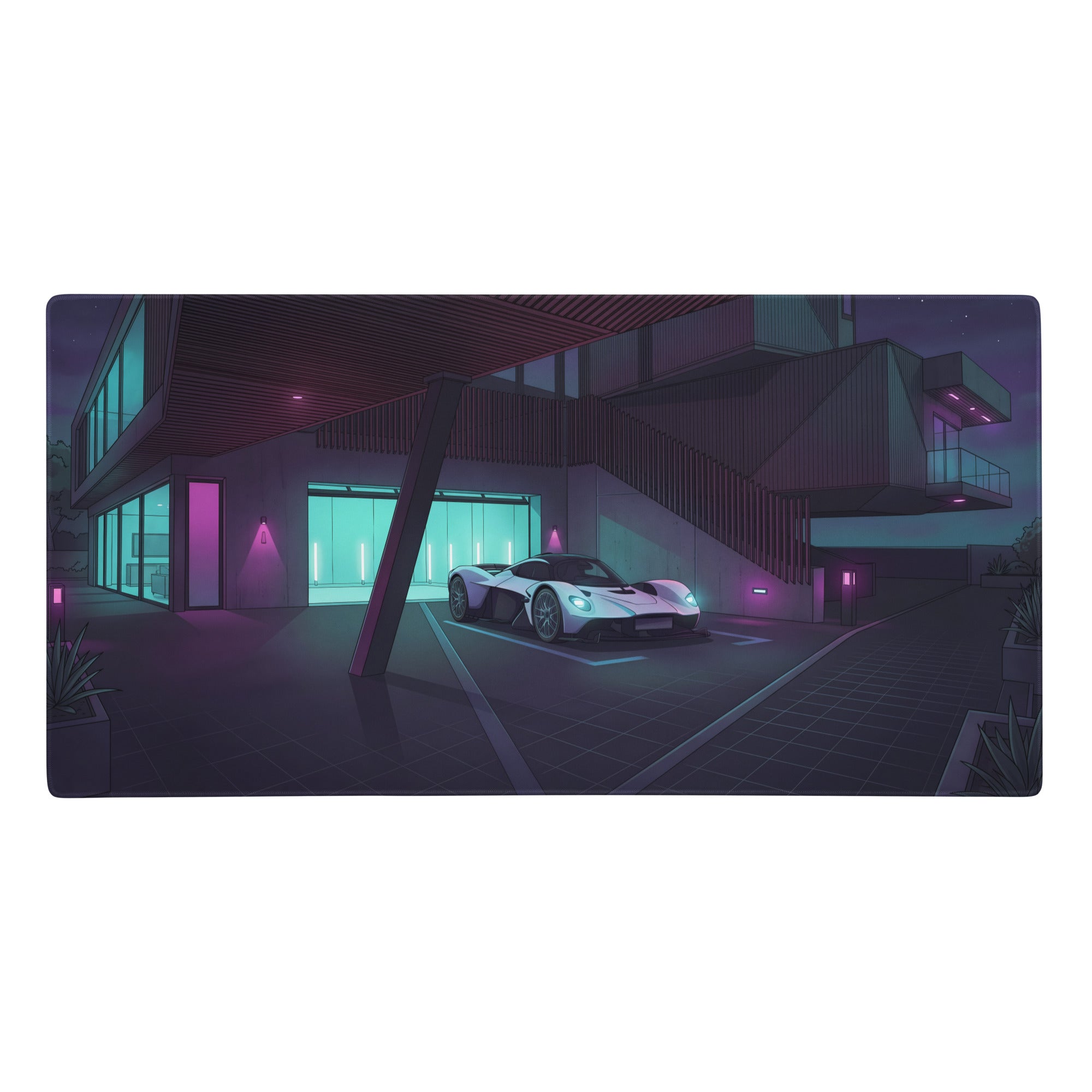 Aston Martin Valkyrie inspired white teal vaporwave gaming mouse pad with neon luxury hypercar digital art