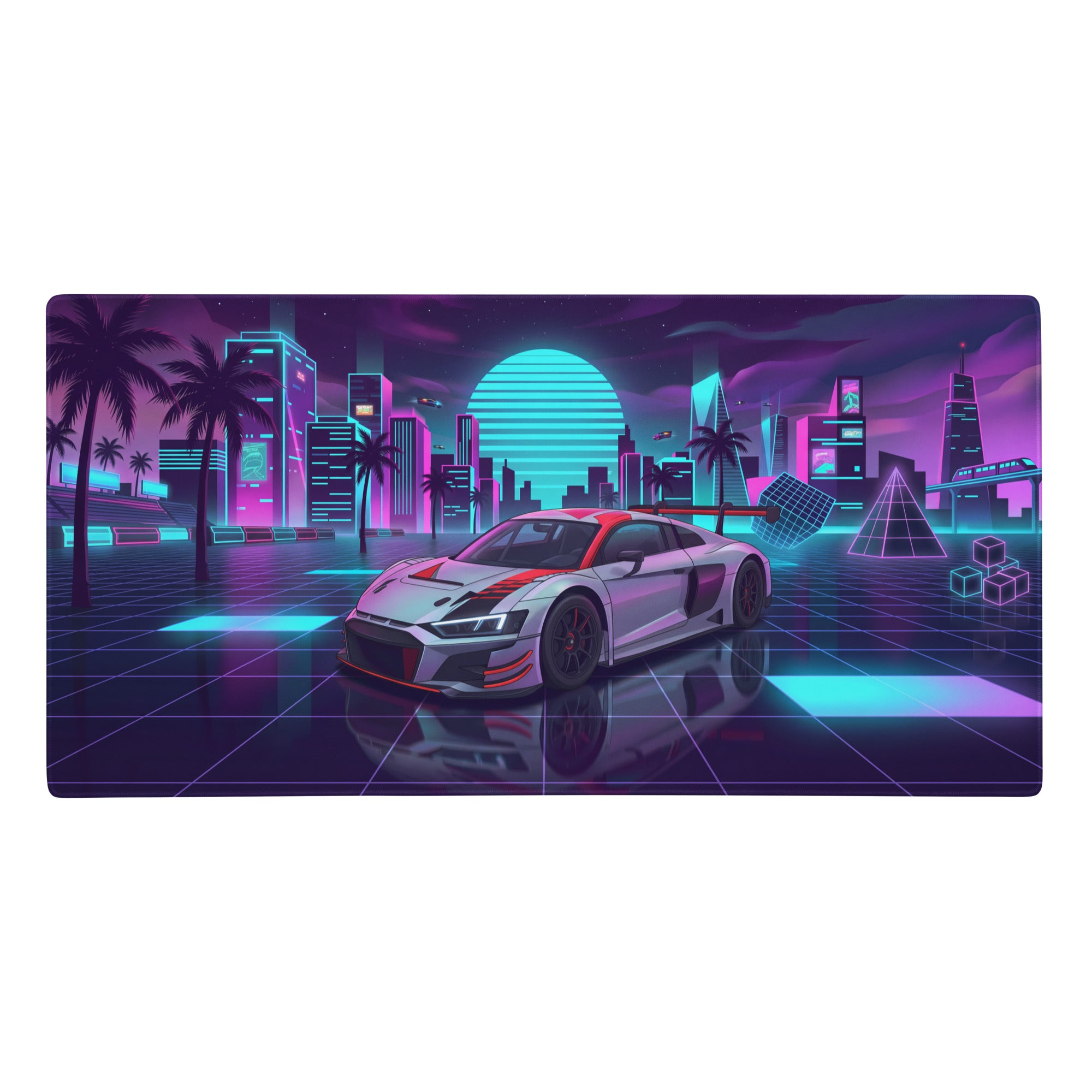 Neon pink and cyan vaporwave gaming mouse pad featuring a white red Audi R8 sports car in a retro-futuristic city