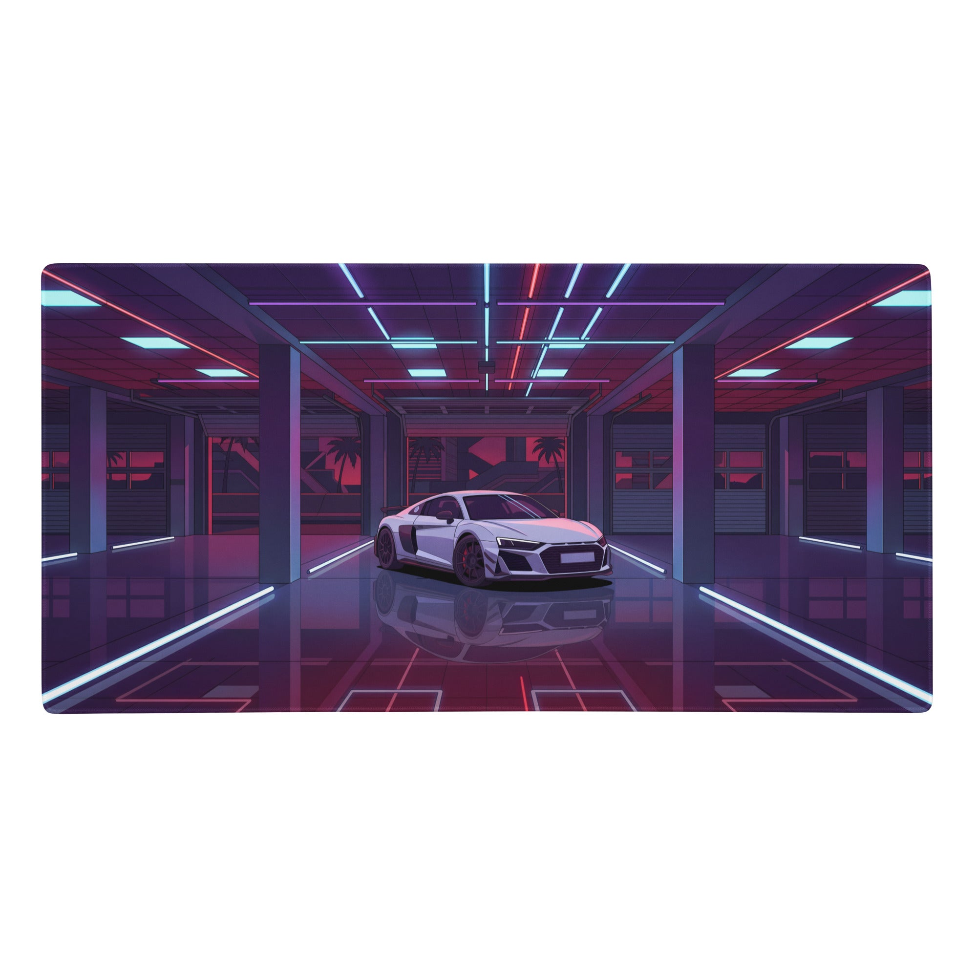 Audi r8 inspired white purple vaporwave gaming mouse pad featuring a sleek white audi r8 with neon cyber garage art