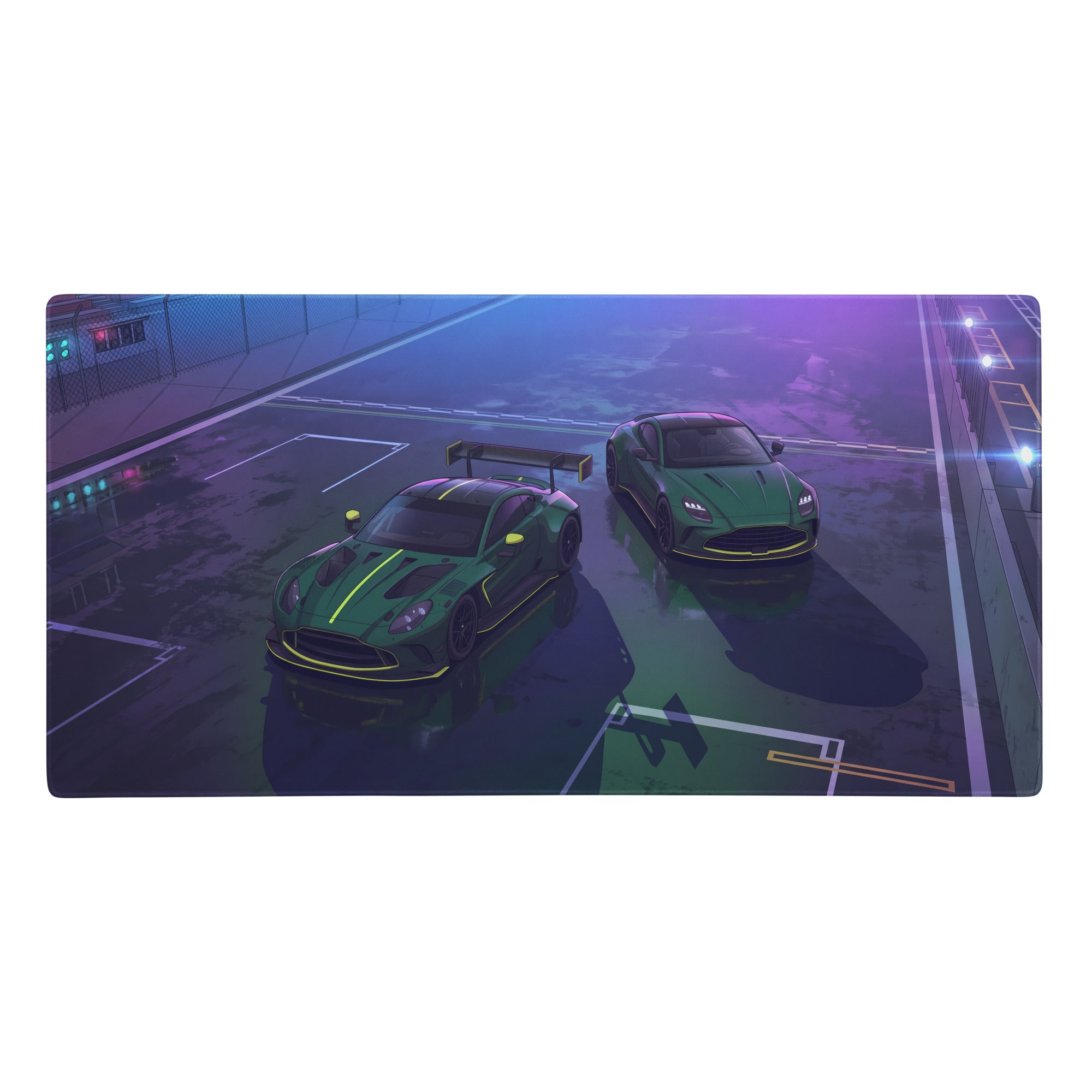 Aston Martin vantage gt3 and db12 inspired green vaporwave gaming mouse pad with neon racetrack and racing cars design