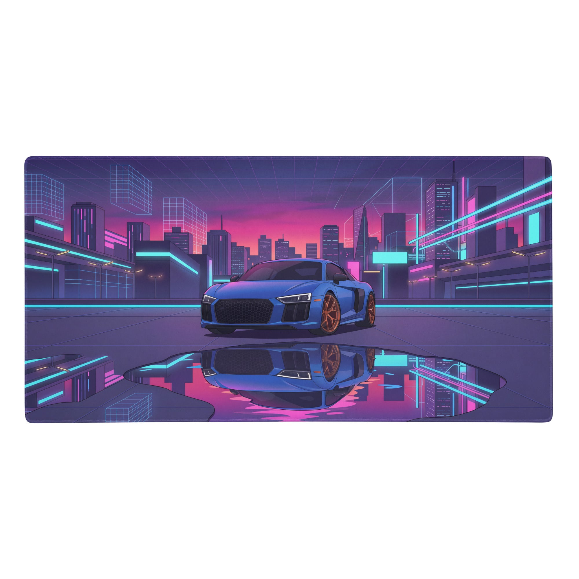 Audi r8 v10 inspired blue purple vaporwave gaming mouse pad with neon cyber city and blue audi r8 sports car design