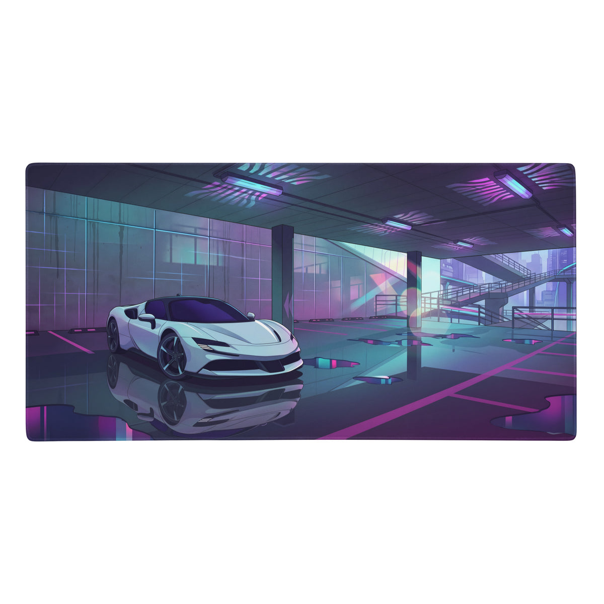 Ferrari sf90 stradale inspired white purple vaporwave gaming mouse pad with sleek sports car in neon futuristic garage