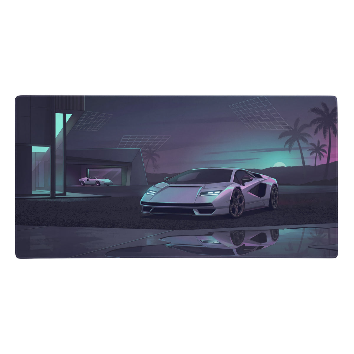 A sleek silver lamborghini countach with glowing headlights in a neon-lit garage on a cyan vaporwave gaming mouse pad