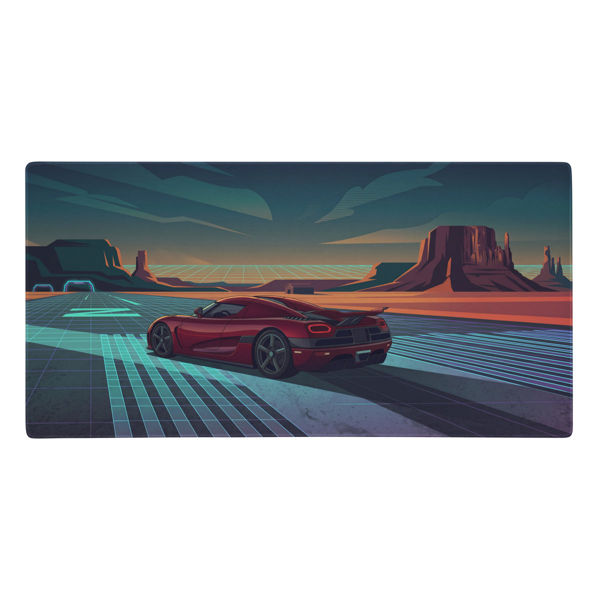 Red koenigsegg agera rs sports car speeding on a futuristic grid road printed on a gaming mouse pad desk mat