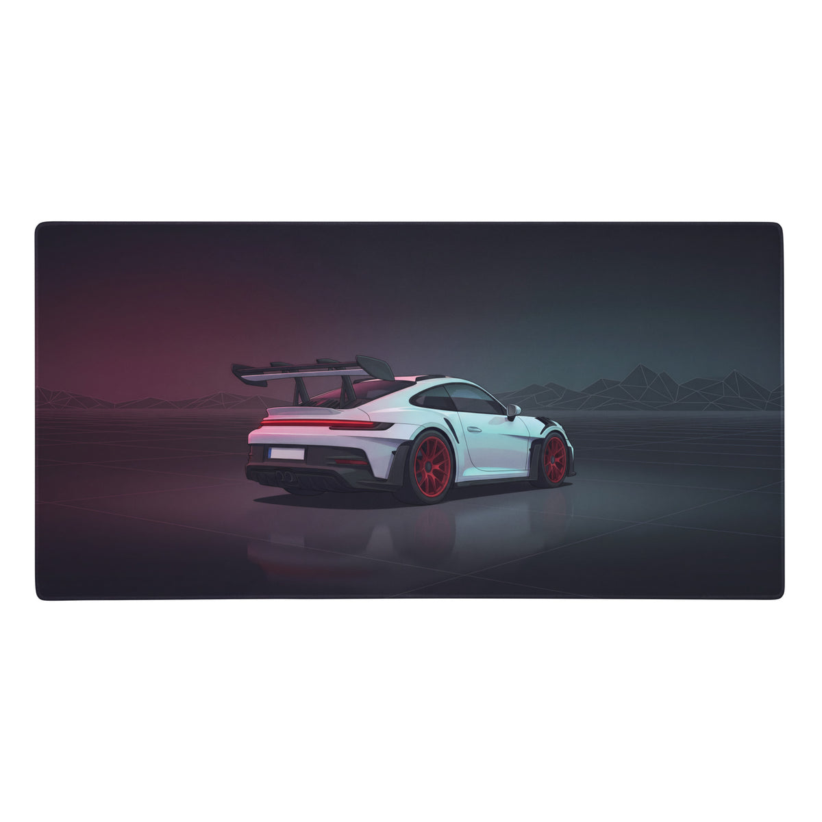 Porsche 911 gt3 rs inspired white gaming mousepad with red wheels and rear spoiler digital artwork design