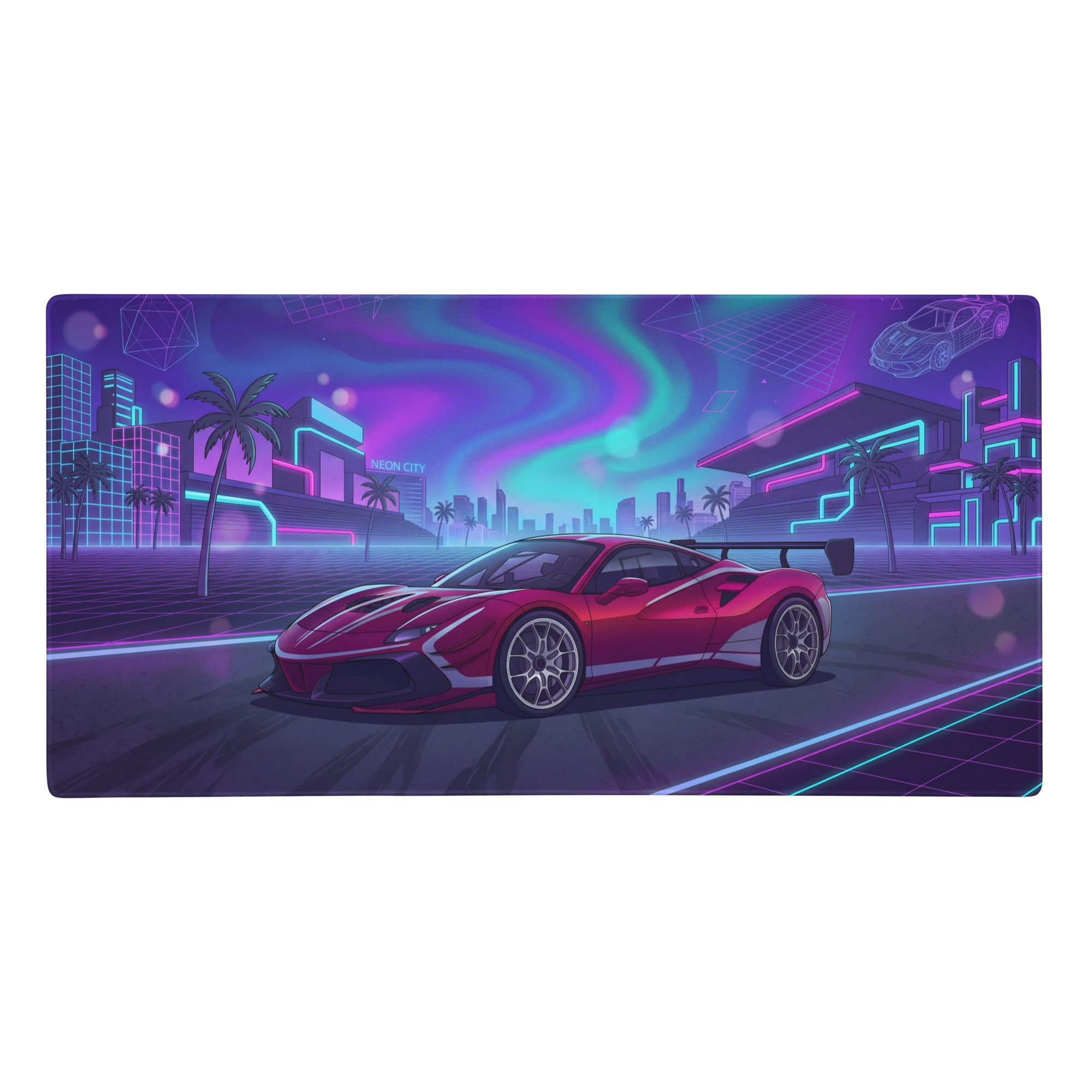Vibrant red ferrari 488 challenge evo inspired gaming mouse pad with neon cityscape and sleek aerodynamic supercar design