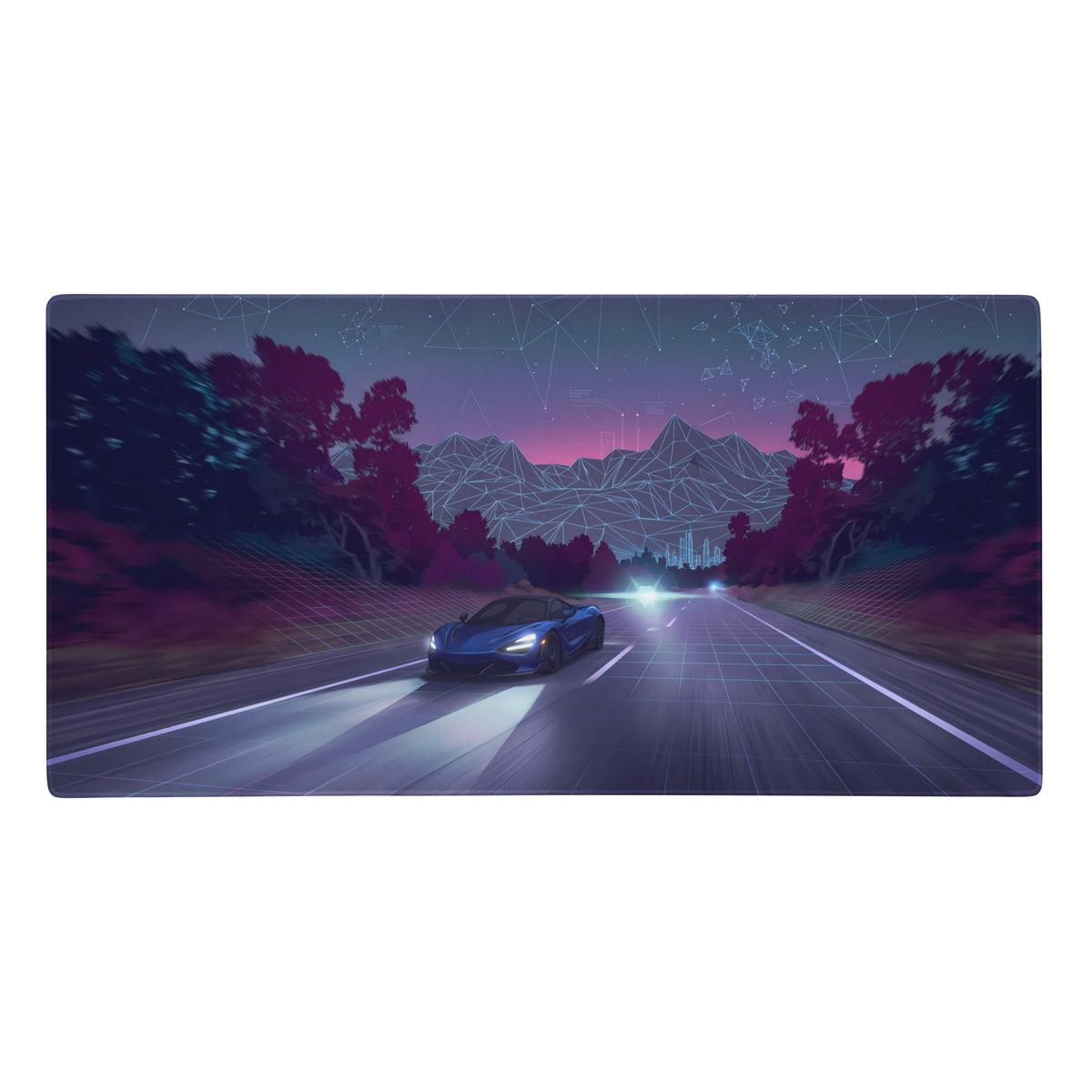 Navy blue mclaren 720s inspired gaming mouse pad featuring neon highway vaporwave art with geometric mountain silhouettes