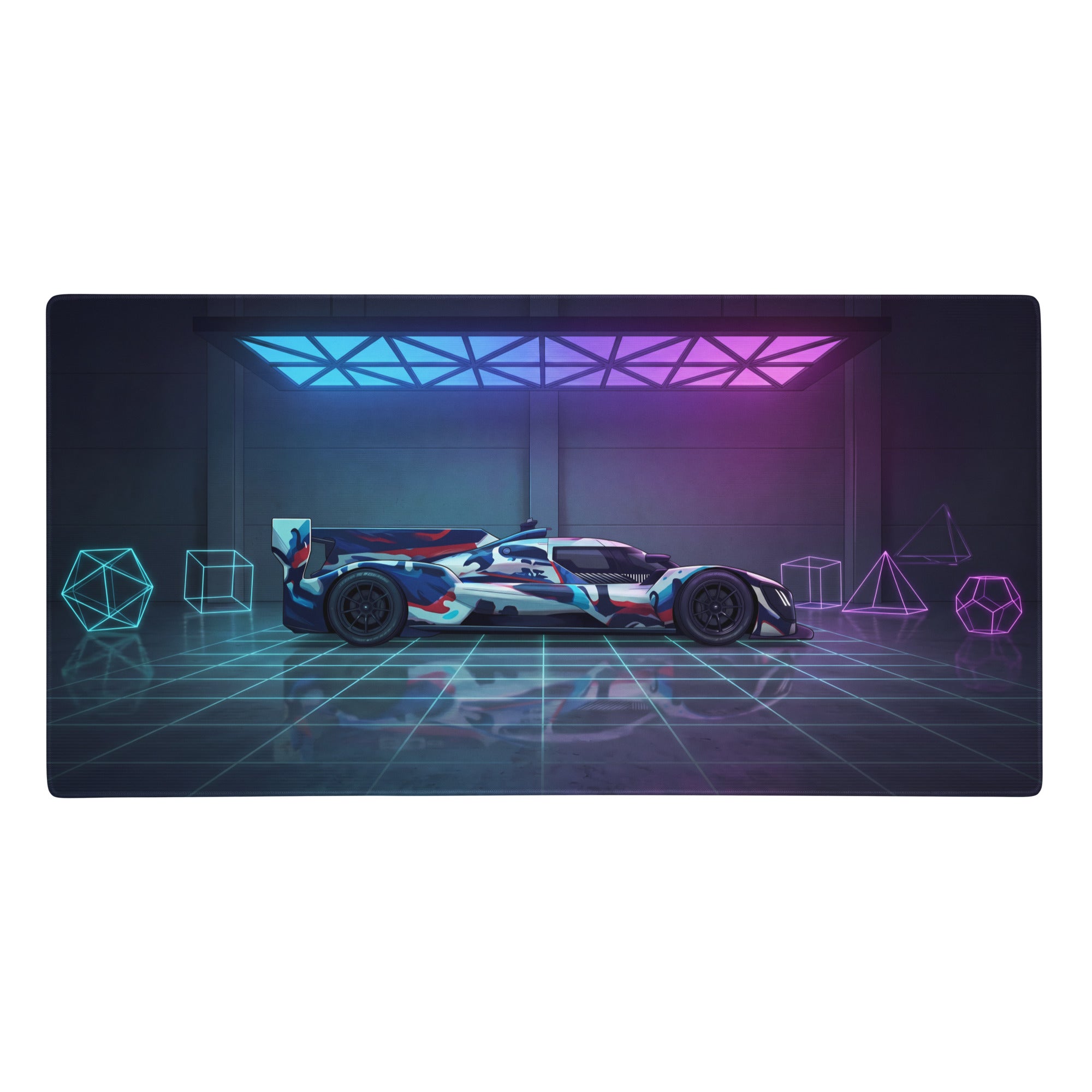 Bmw m hybrid v8 lmdh inspired gaming mouse pad with neon cyan purple vaporwave design and futuristic blue white race car artwork