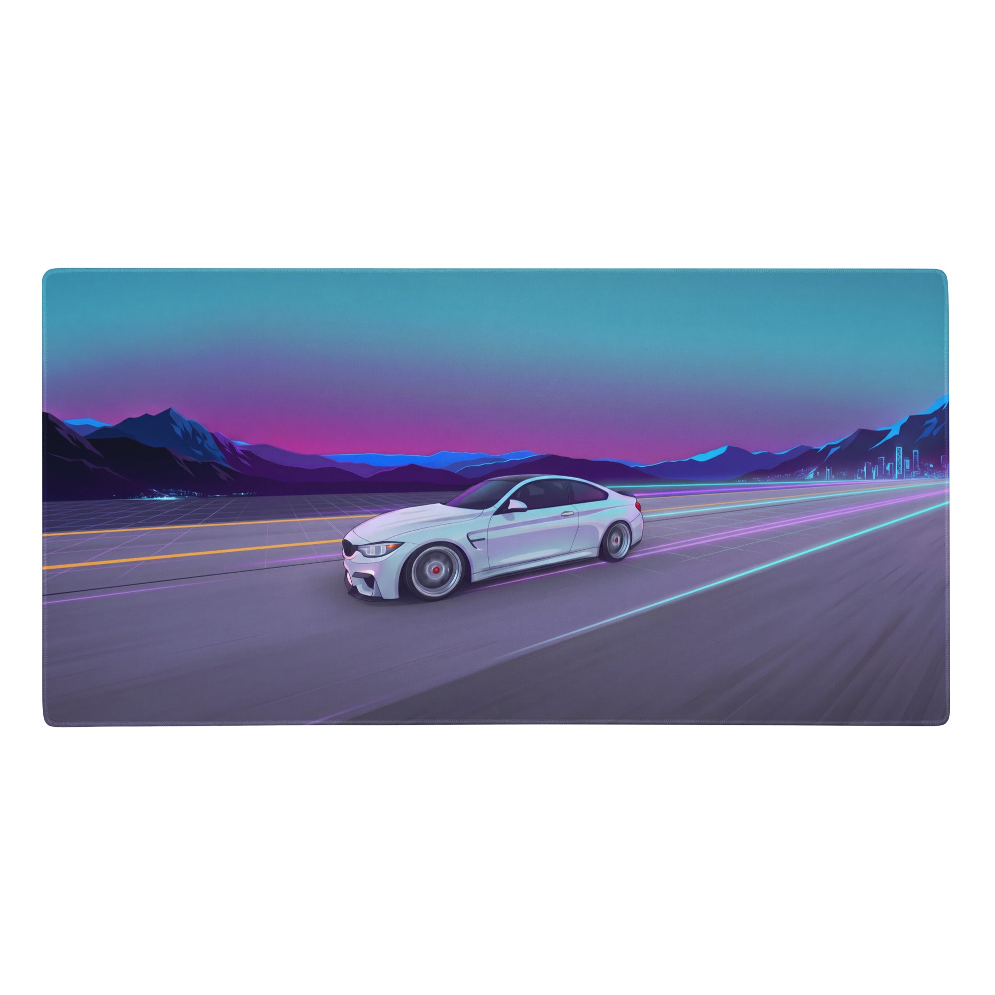 White BMW M4 coupe neon vaporwave gaming mouse pad with cyan purple highway design and retro futuristic mountain artwork