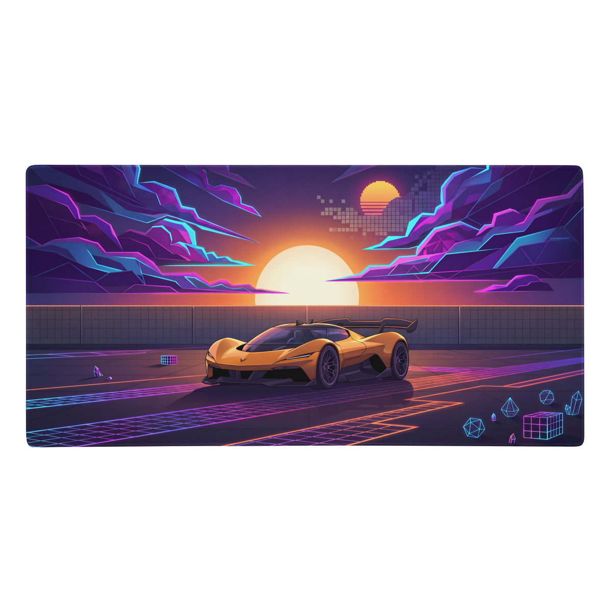 Golden chevrolet corvette cx.r vision inspired orange vaporwave gaming mouse pad with retro futuristic sunset design