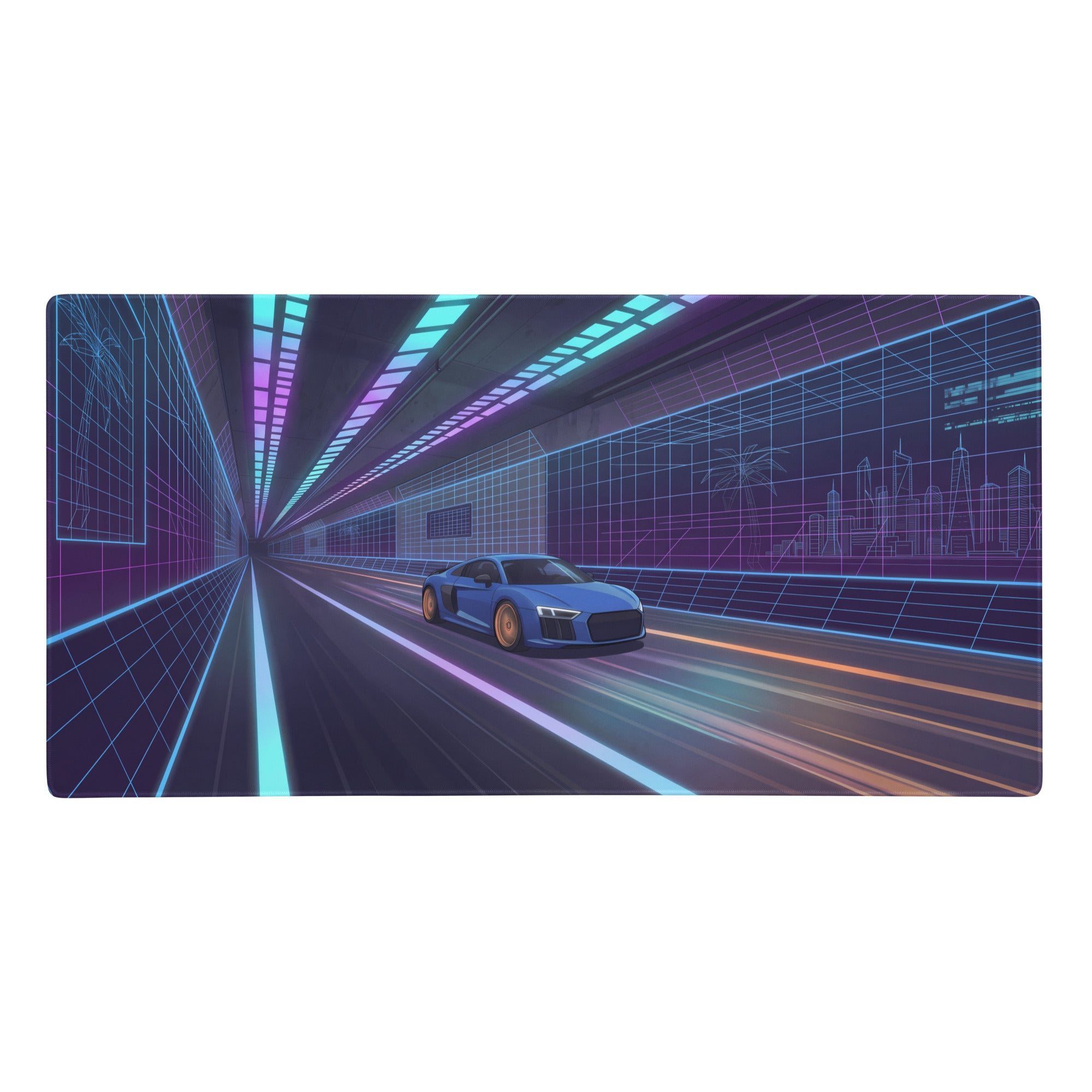 Audi r8 inspired blue purple vaporwave gaming mouse pad featuring a blue audi r8 with gold rims in a neon cyber tunnel
