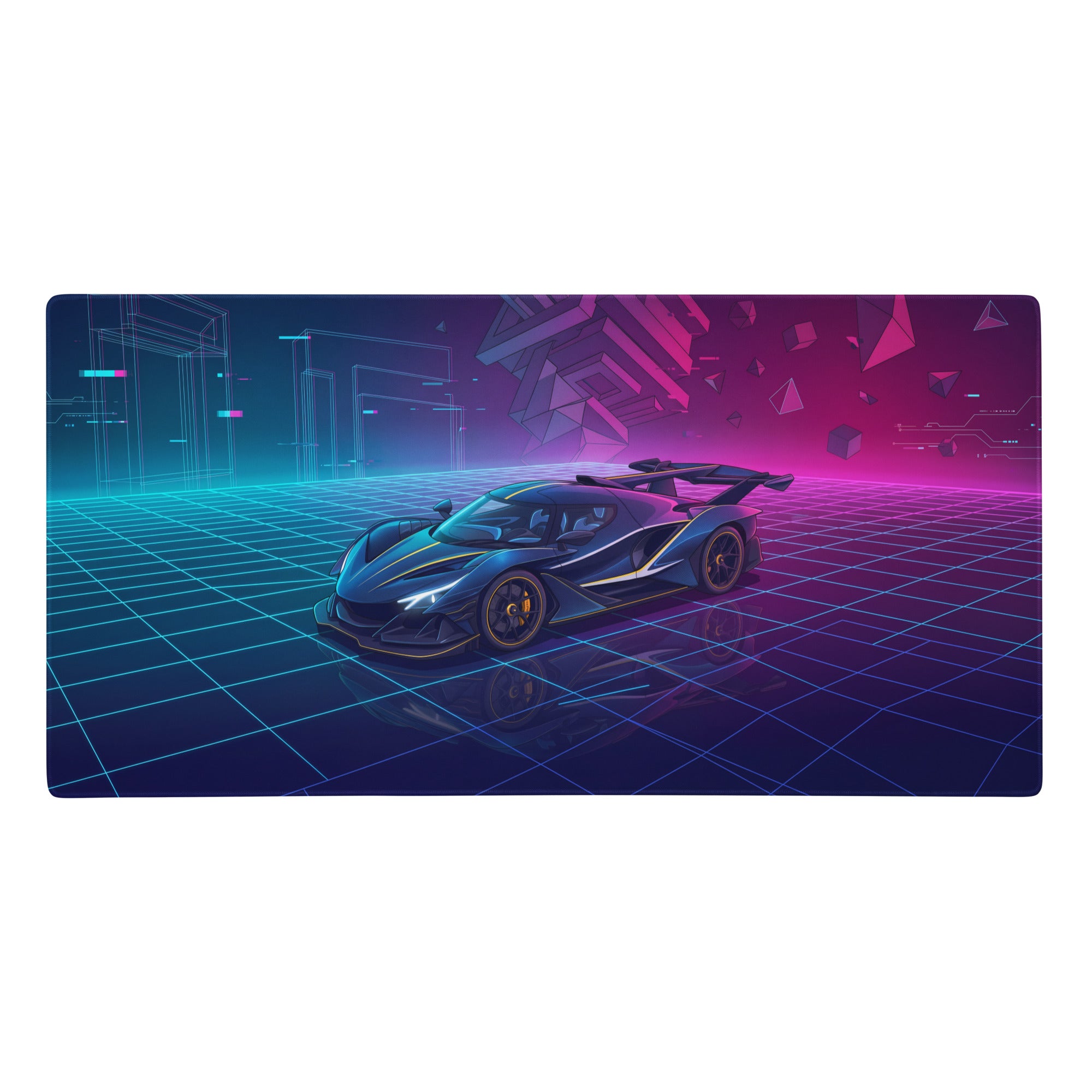 Navy blue futuristic sports car with glowing accents on an apollo intensa emozione inspired neon cyberpunk grid mouse pad