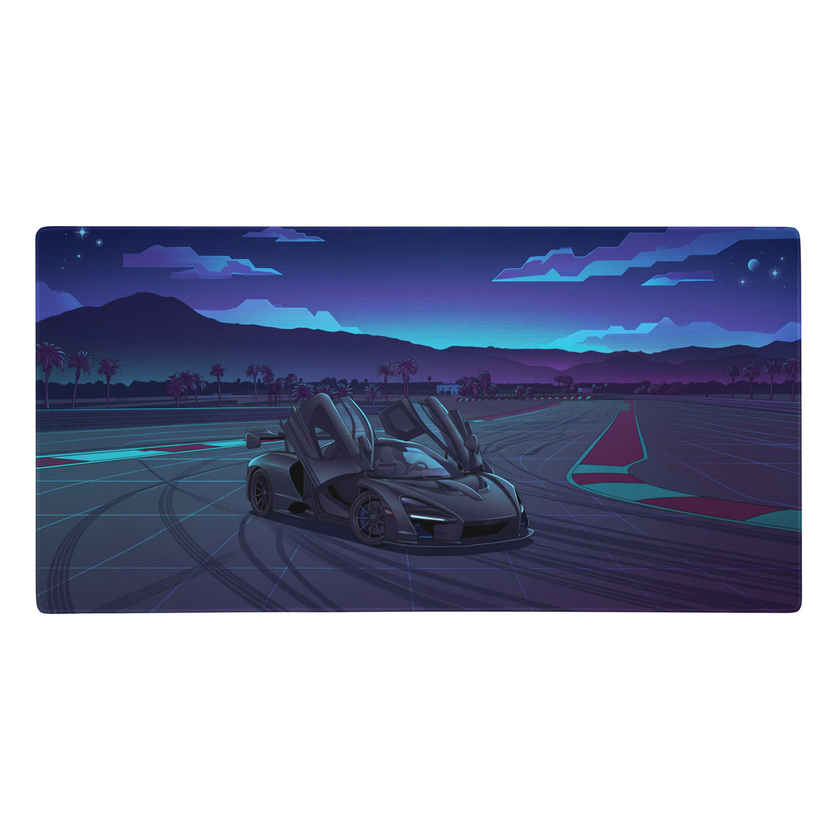 A sleek black McLaren Senna inspired gaming mouse pad with neon racetrack art and raised doors in vaporwave style
