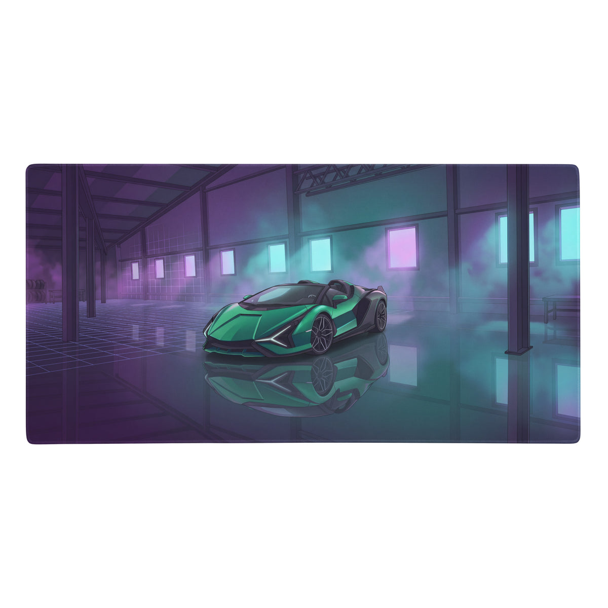 Green lamborghini huracán sports car illustration on cyan purple neon vaporwave gaming mouse pad desk mat