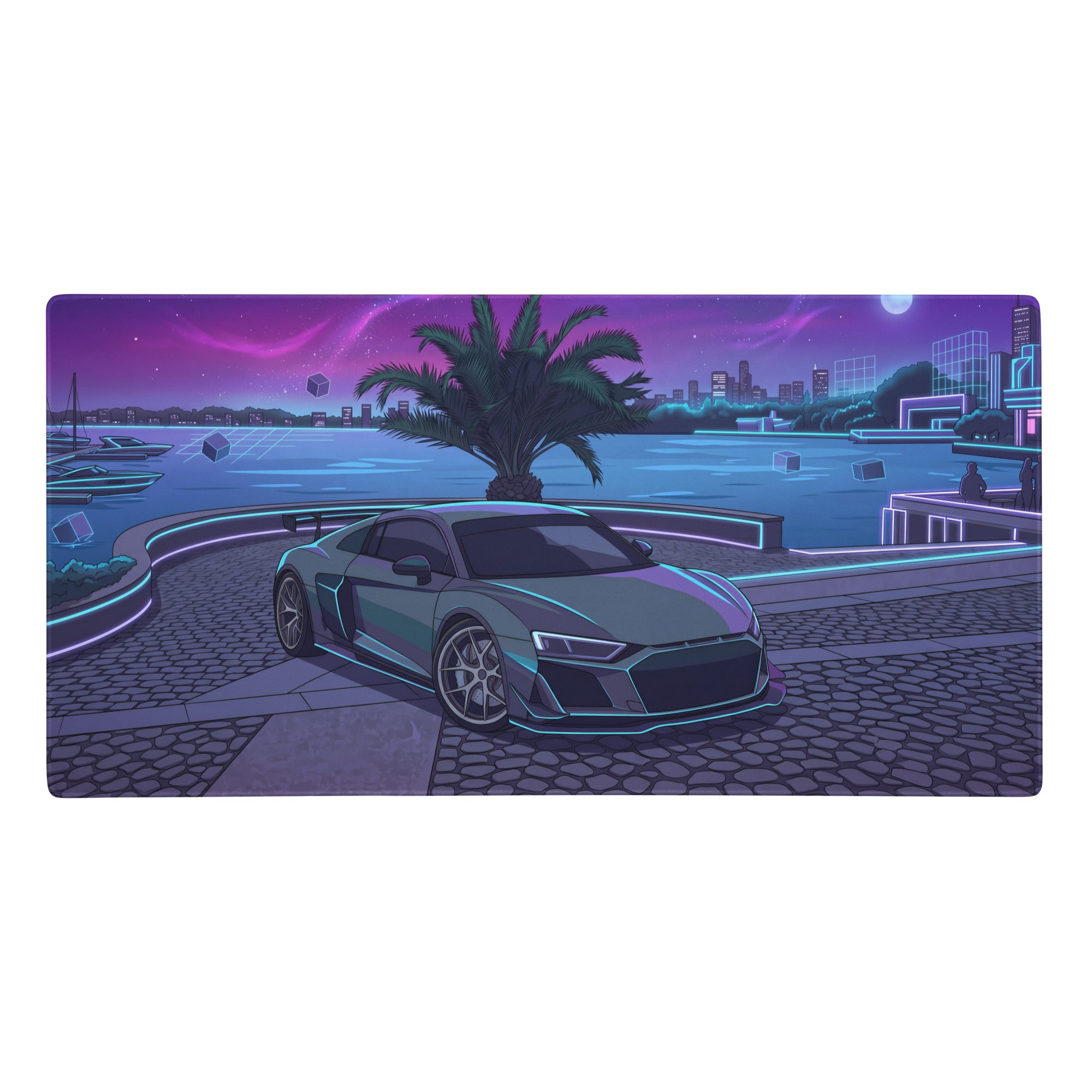 Audi r8 inspired silver cyan vaporwave gaming mouse pad with neon teal sports car and futuristic night city artwork