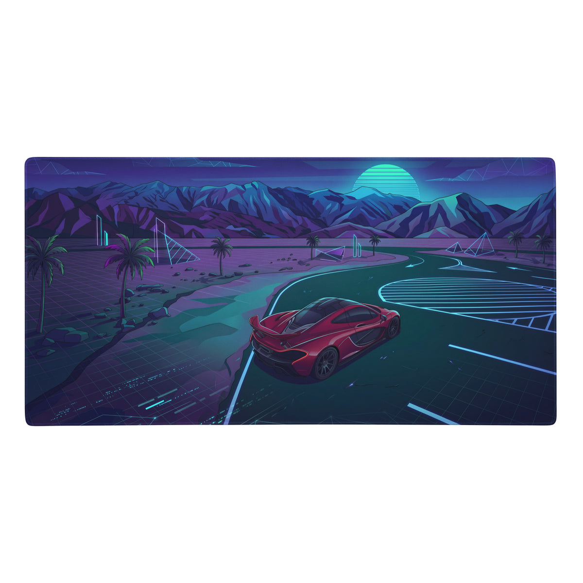 Red and blue vaporwave gaming mouse pad featuring a mclaren p1 inspired supercar on a neon mountain highway