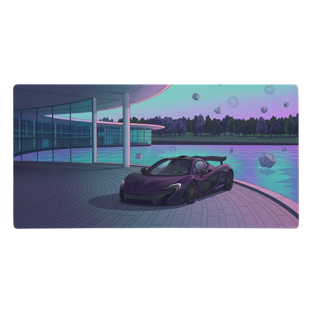 Mclaren p1 inspired purple cyan vaporwave gaming mouse pad with sleek black accented sports car and pastel neon geometric art
