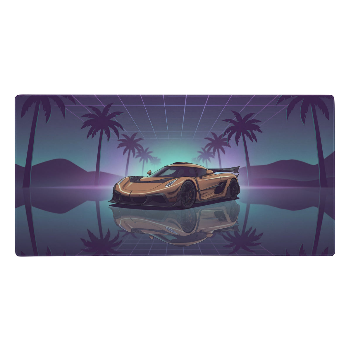 Gold koenigsegg jesko inspired hypercar illustrated on a rectangular gaming mousepad with neon purple teal vaporwave art