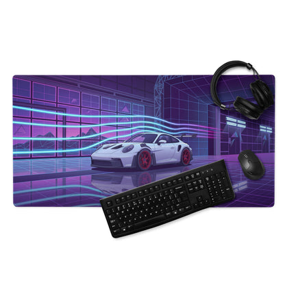 Porsche 911 GT3 RS Inspired White Purple Vaporwave Gaming Mouse Pad – Neon Cyberpunk Showroom Desk Mat with Red Wheels and Retro Futuristic Art