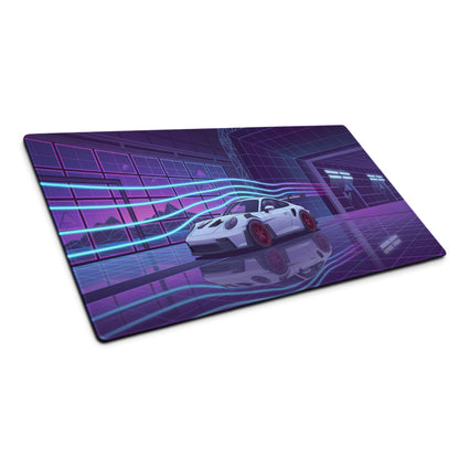 Porsche 911 GT3 RS Inspired White Purple Vaporwave Gaming Mouse Pad – Neon Cyberpunk Showroom Desk Mat with Red Wheels and Retro Futuristic Art