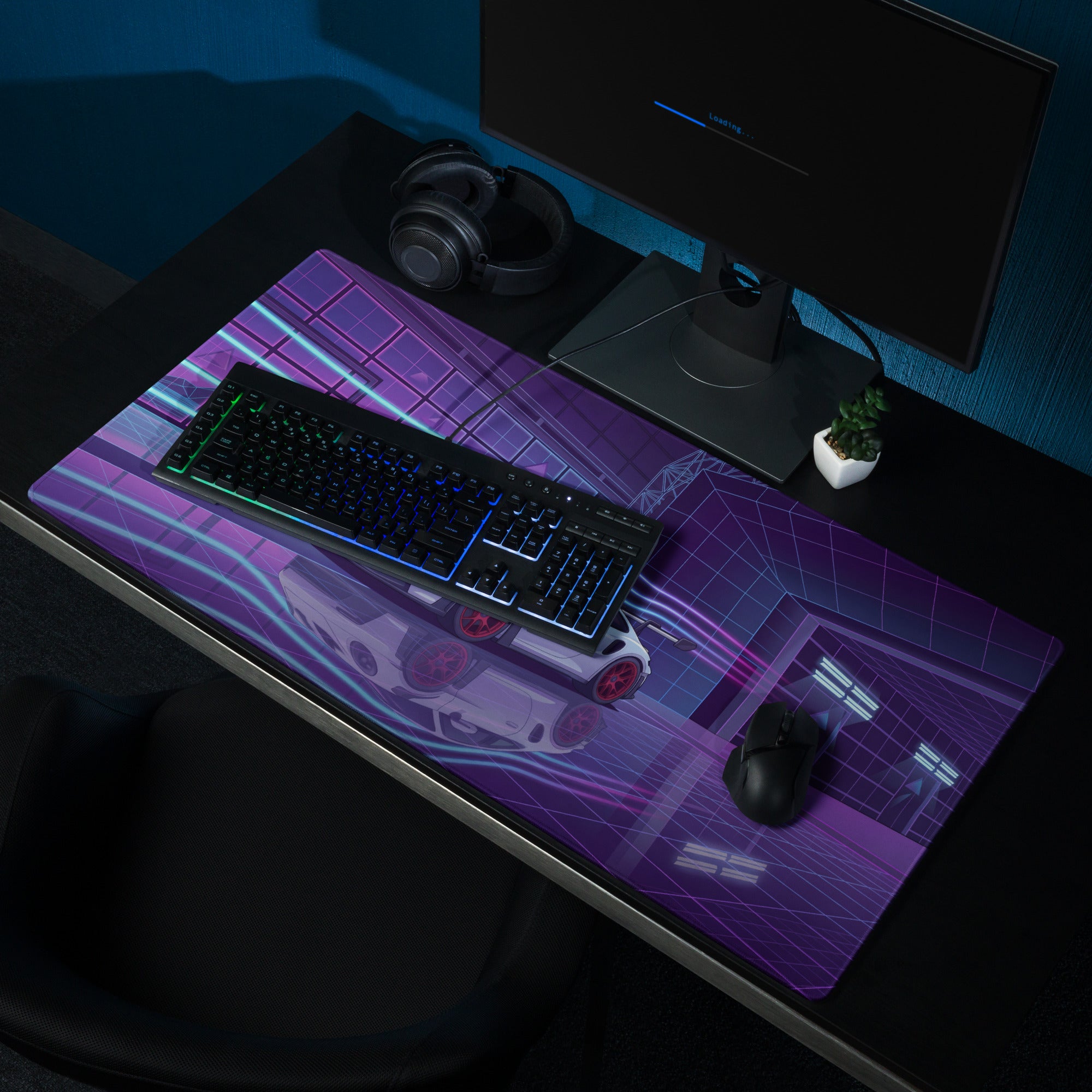 Porsche 911 GT3 RS Inspired White Purple Vaporwave Gaming Mouse Pad – Neon Cyberpunk Showroom Desk Mat with Red Wheels and Retro Futuristic Art